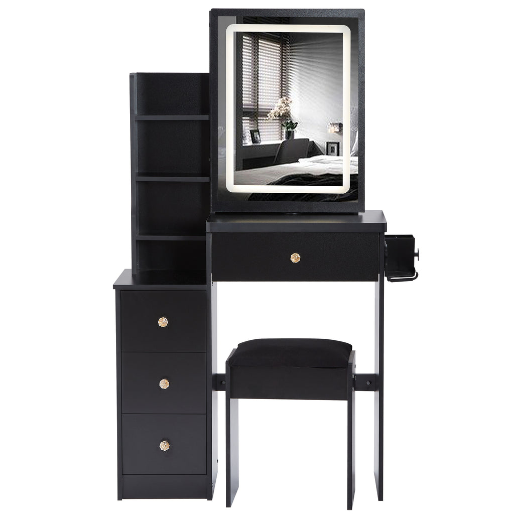 29.2' Small Size Bedside Cabinet Vanity Table + Cushioned Stool, 2 AC+2 USB Power Station, Hair dryer bracket, Extra Large Touch Control Sliding LED Mirror, 3-color Switching, EPA, GCC, UL Certificate - Grand Goldman Shop