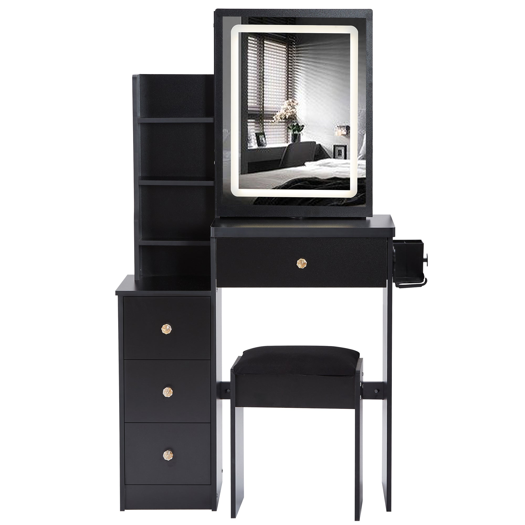 29.2' Small Size Bedside Cabinet Vanity Table + Cushioned Stool, 2 AC+2 USB Power Station, Hair dryer bracket, Extra Large Touch Control Sliding LED Mirror, 3-color Switching, EPA, GCC, UL Certificate - Grand Goldman Shop