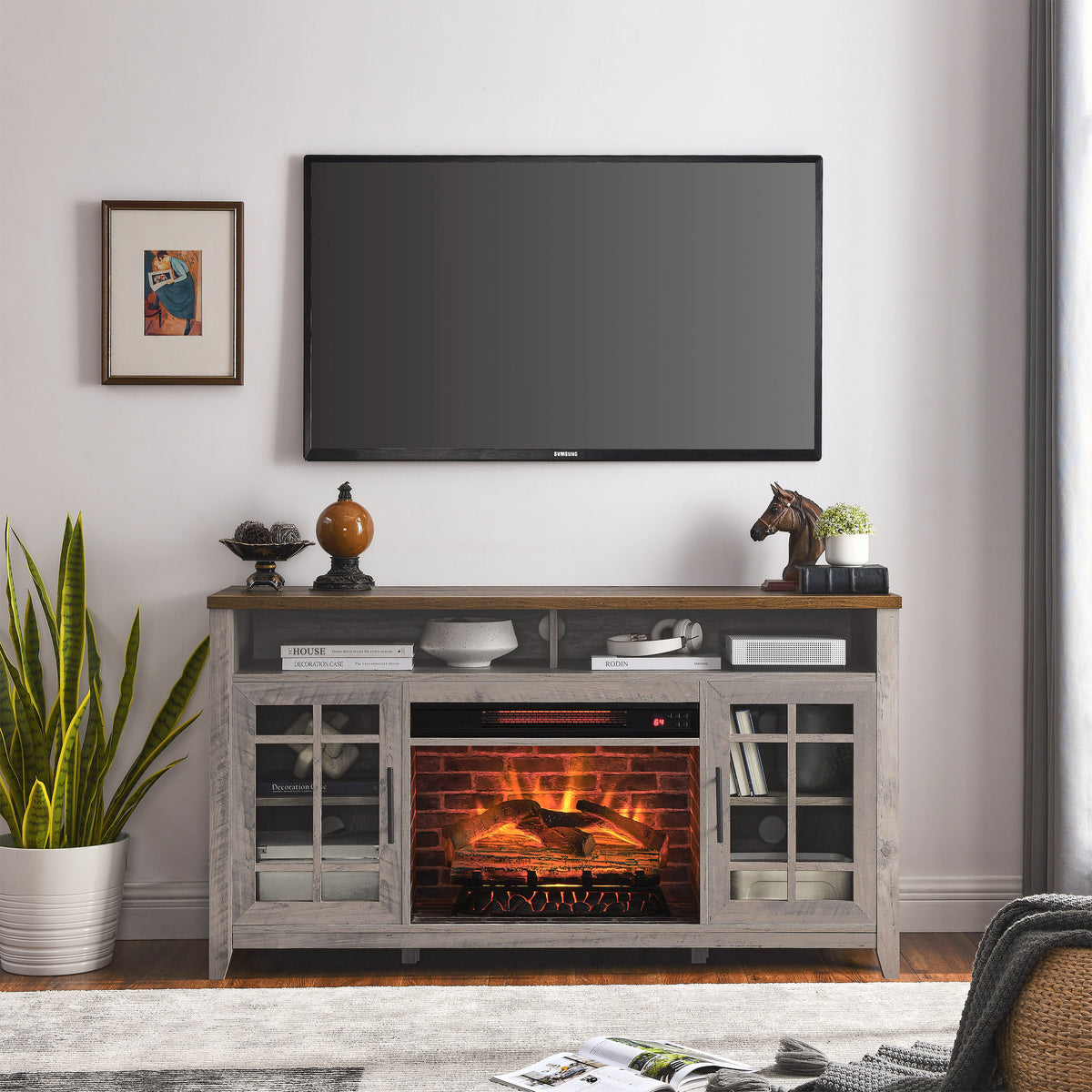 55 inch TV Media Stand with Electric Fireplace KD Inserts Heater,Gray Wash Color - Grand Goldman Shop