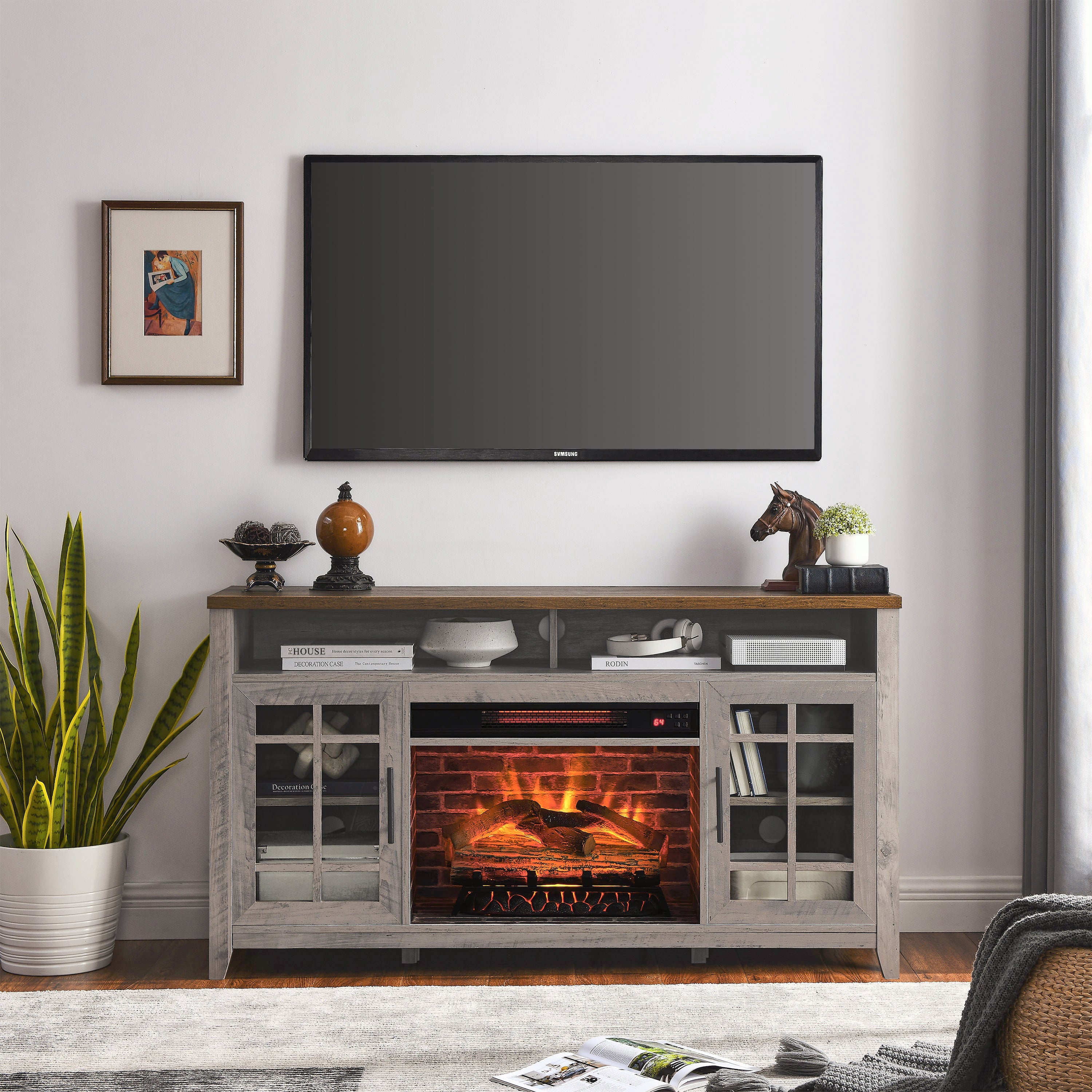 55 inch TV Media Stand with Electric Fireplace KD Inserts Heater,Gray Wash Color - Grand Goldman Shop