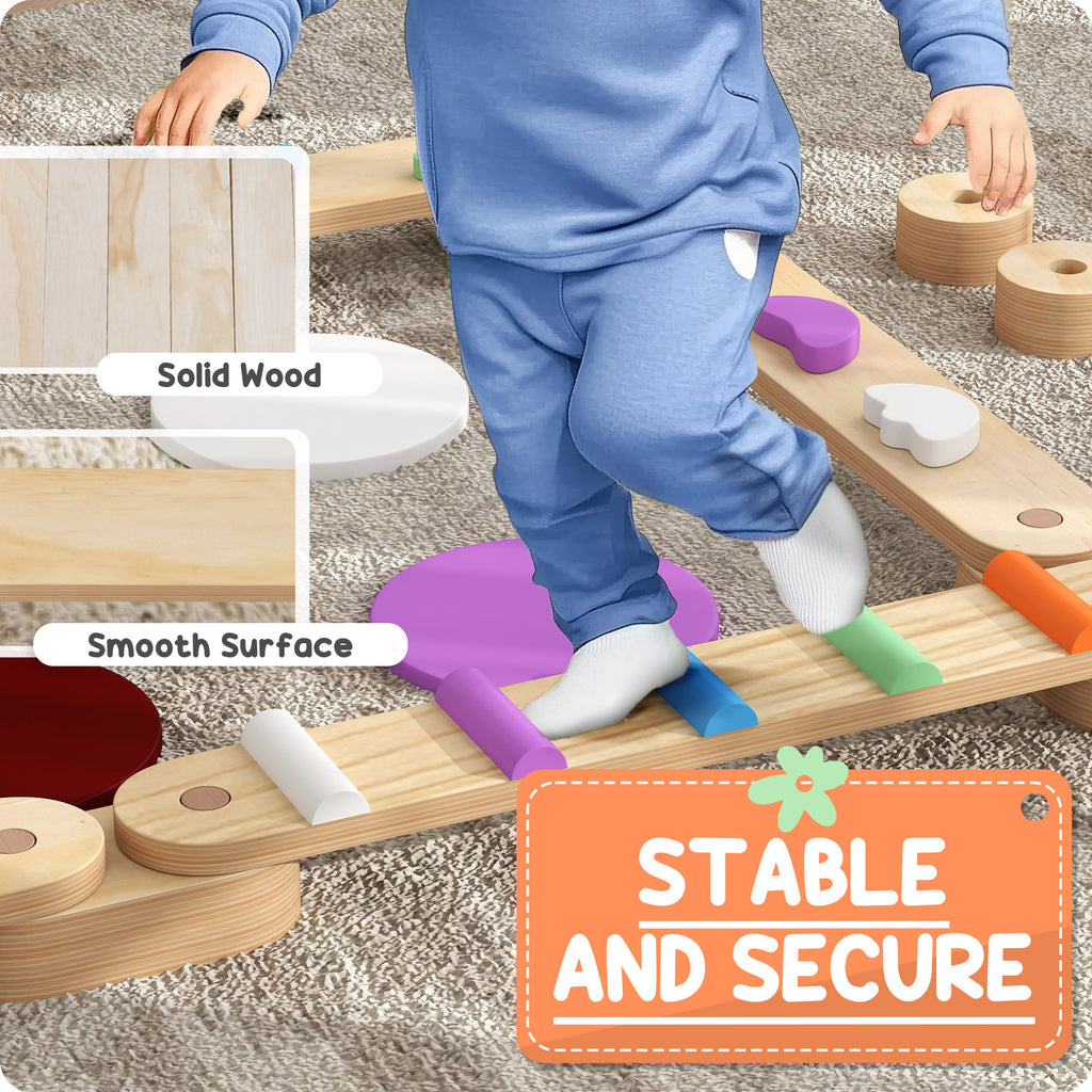 Qaba Kids Balance Beam, Wooden Balance Board with Stepping Stones, Gymnastics Obstacle Course for Toddlers 3-8 Years for Moto
