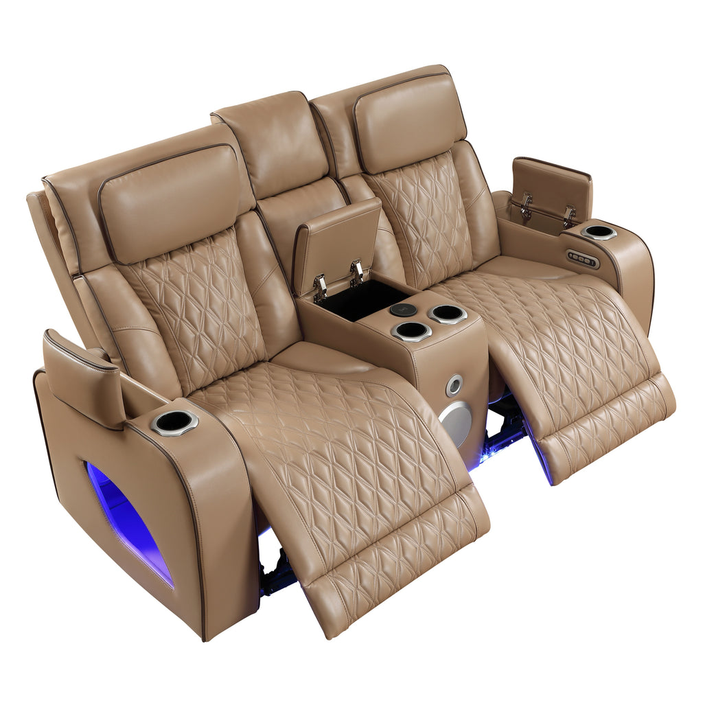 Fortuner Power Reclining 3Pc Living Room Set in Caramel Faux Leather with LED Lights, Massage Function, Bluetooth Speakers and Wireless Charging - Grand Goldman Shop