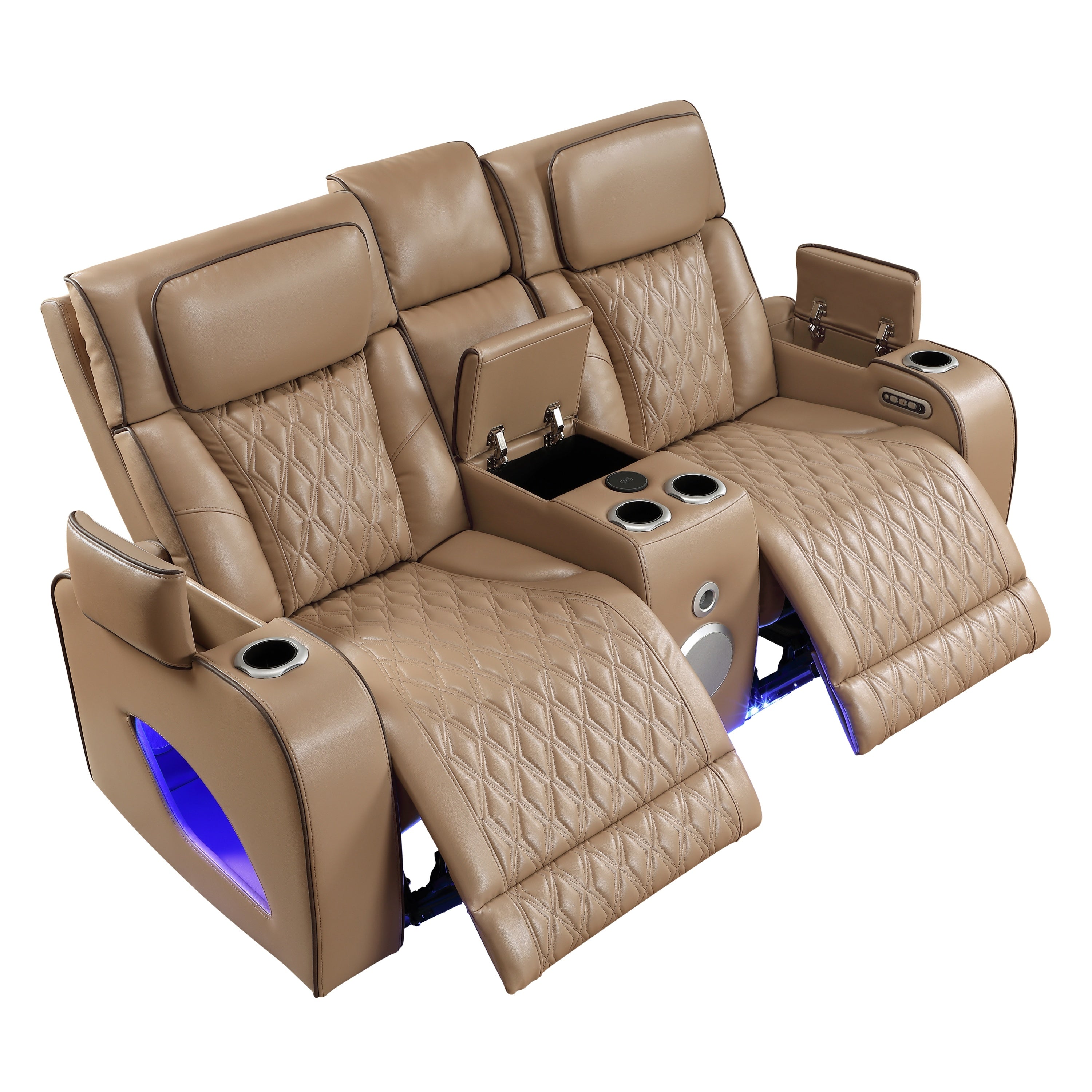Fortuner Power Reclining 3Pc Living Room Set in Caramel Faux Leather with LED Lights, Massage Function, Bluetooth Speakers and Wireless Charging - Grand Goldman Shop
