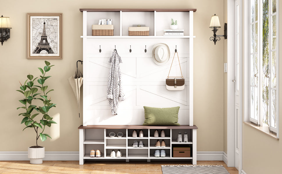 Farmhouse 4-in-1 Hall Tree with 6 Hooks, Walnut Entryway Bench with Shelves,  Wooden Style Rustic Shoe Organizer with 16 Open Compartments for Mudroom, Living Room, White (OLD SKU: N721P264915K) - Grand Goldman Shop