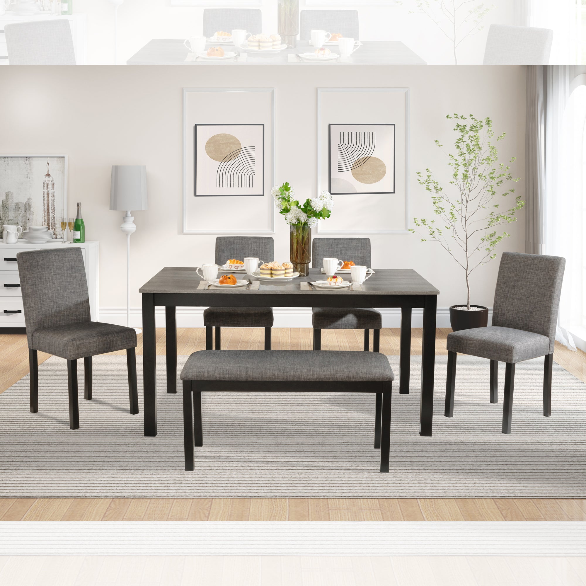 Modern 6-Piece Dining Table Set with Bench and Chairs for Dining Room or Kitchen – Light Grey & Black Two-Tone - Grand Goldman Shop
