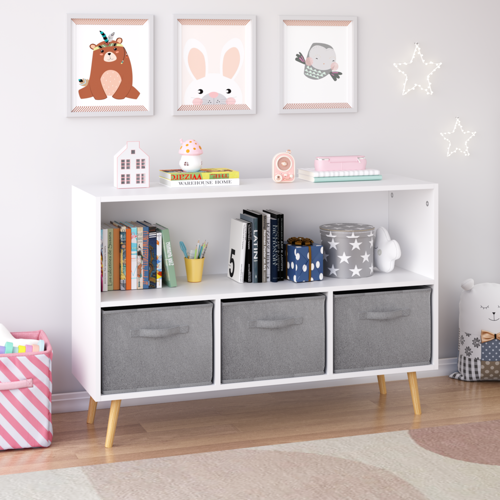 Kids Bookcase with Collapsible Fabric Drawers, Children's Book Display, Toy Storage Cabinet Organizer, White/Gray, MDF+Pine |