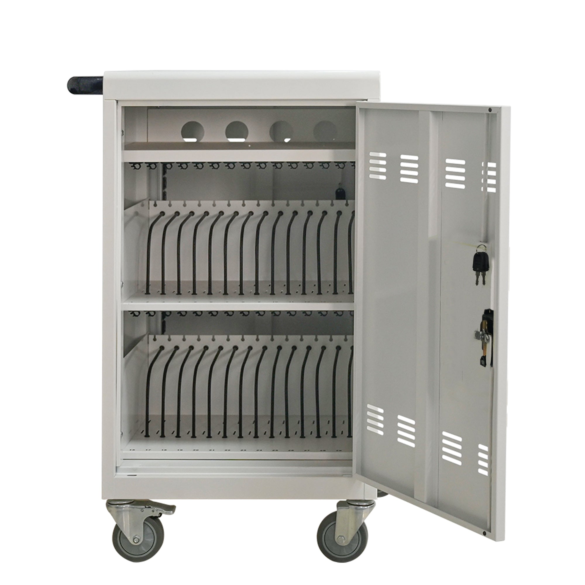 30+2 Bay Mobile School Charging Cart Station for Chromebook, Tablet and Laptop Computer with Power Strip Included - White - G