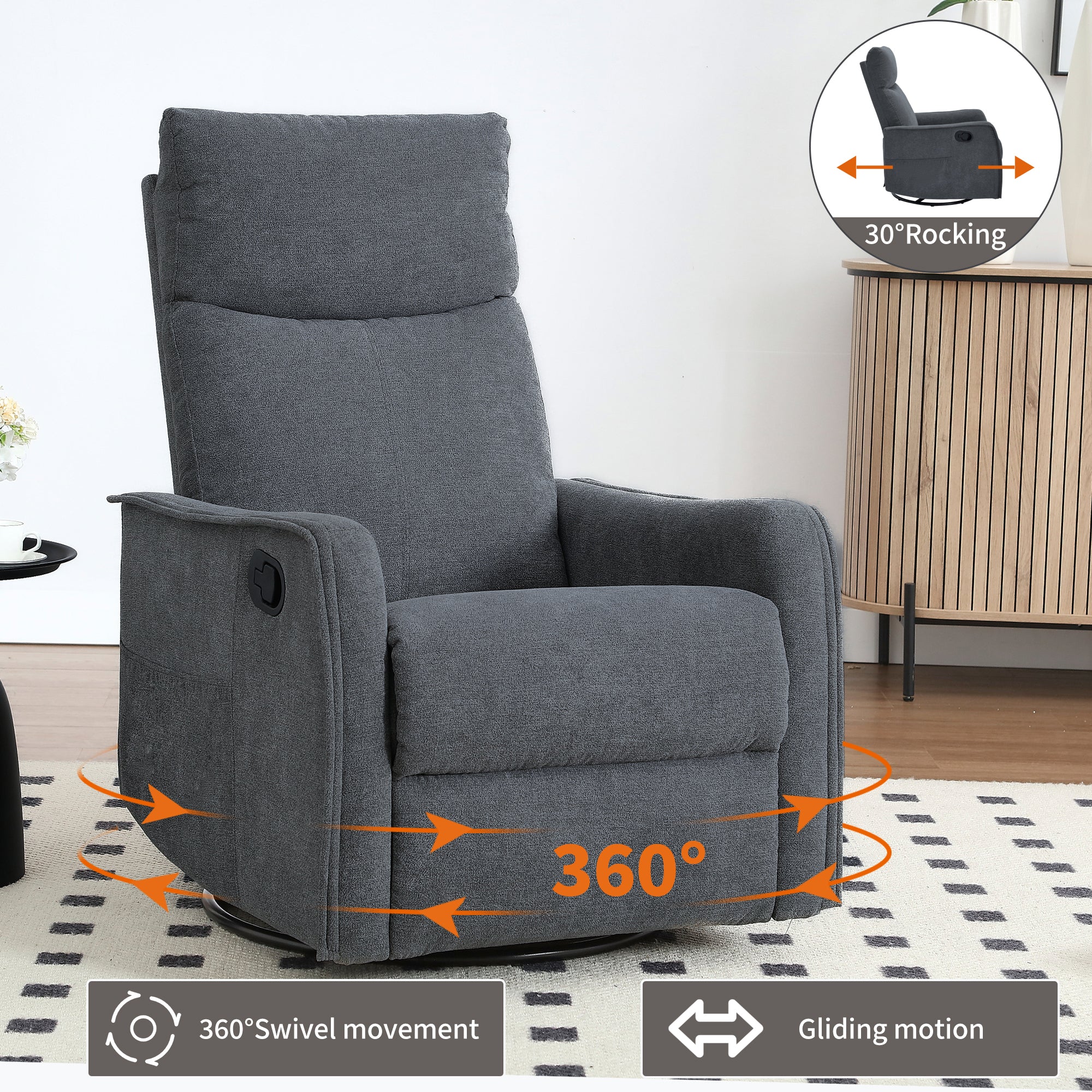 Heat Massage Manual Recliner Chair with Rocker and Swivel in Fabric for Living Room, Grey - Grand Goldman Shop