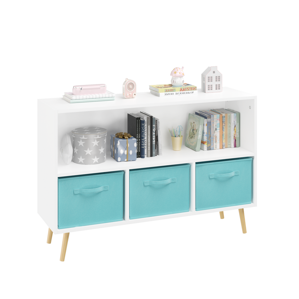 Kids bookcase with Collapsible Fabric Drawers, Children's Book Display, Toy Storage Cabinet Organizer, White/Blue - Grand Gol