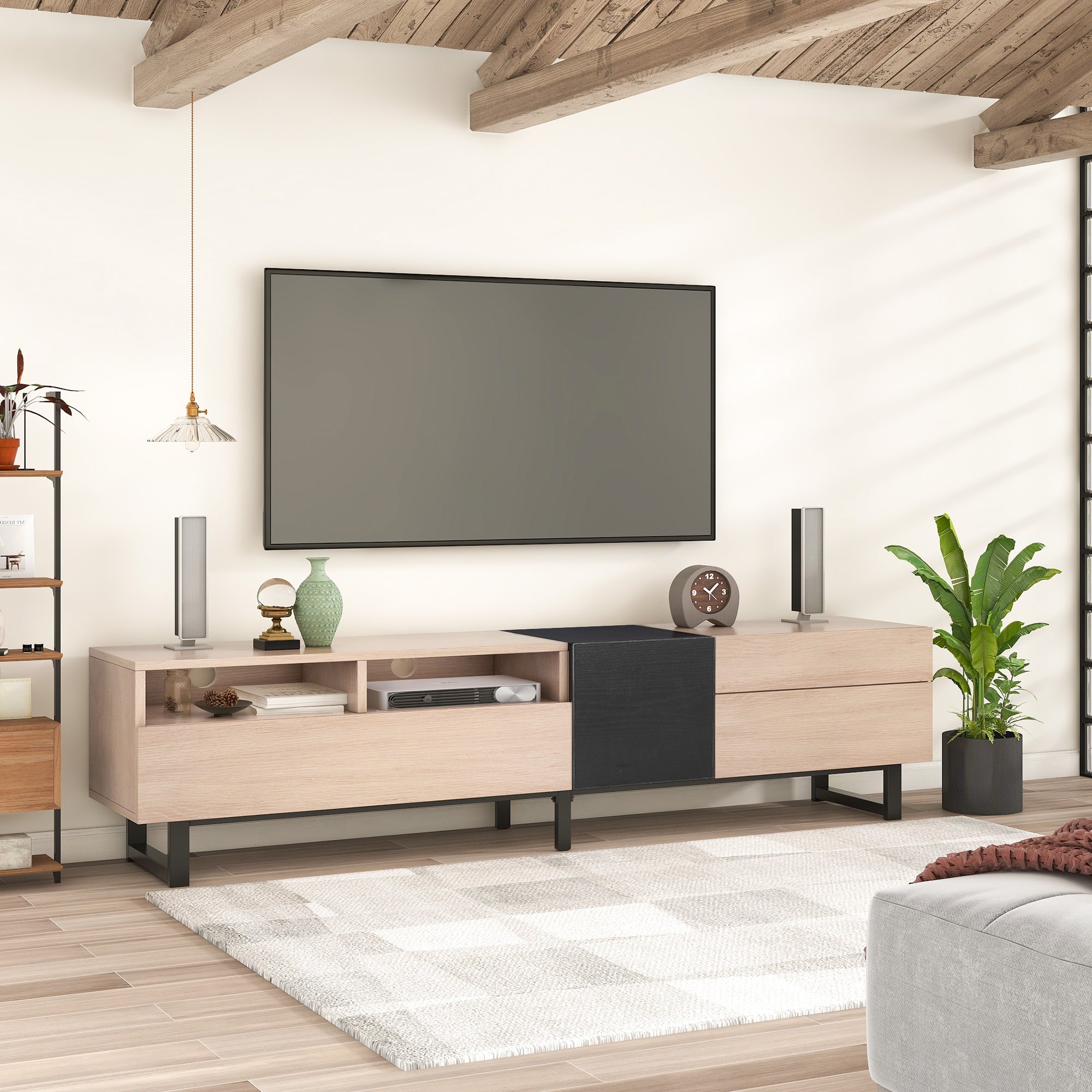 Modern TV Stand for 80'' TV with Double Storage Space, Media Console Table in Natural Wood Finish, Particle Board Construction, 70.9'' L x 15'' W x 19.7'' H - Grand Goldman Shop