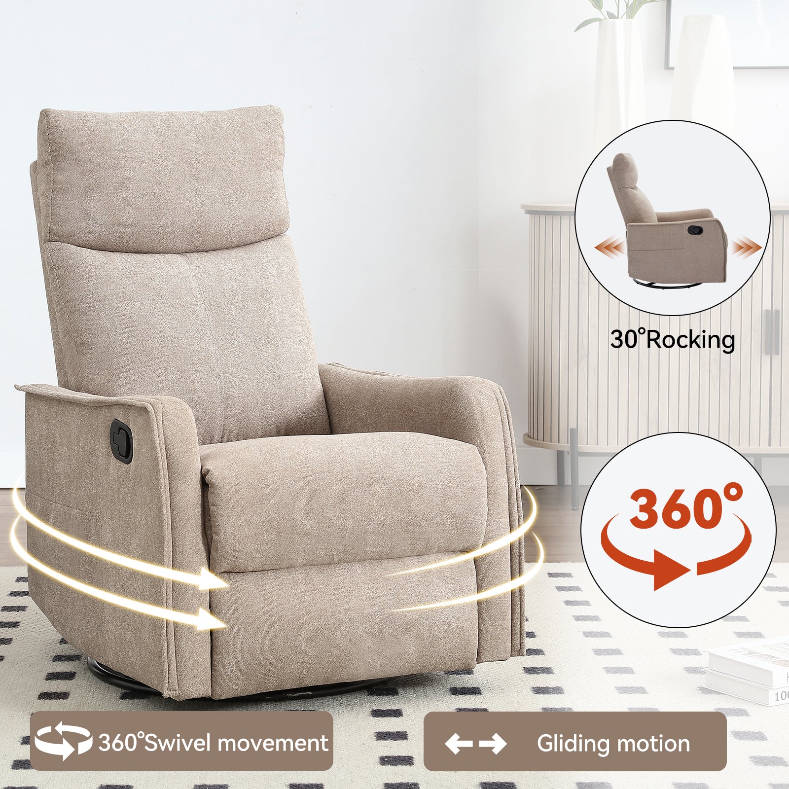 Heat Massage Manual Recliner Chair with Rocker and Swivel in Fabric for Living Room, Khaki - Grand Goldman Shop