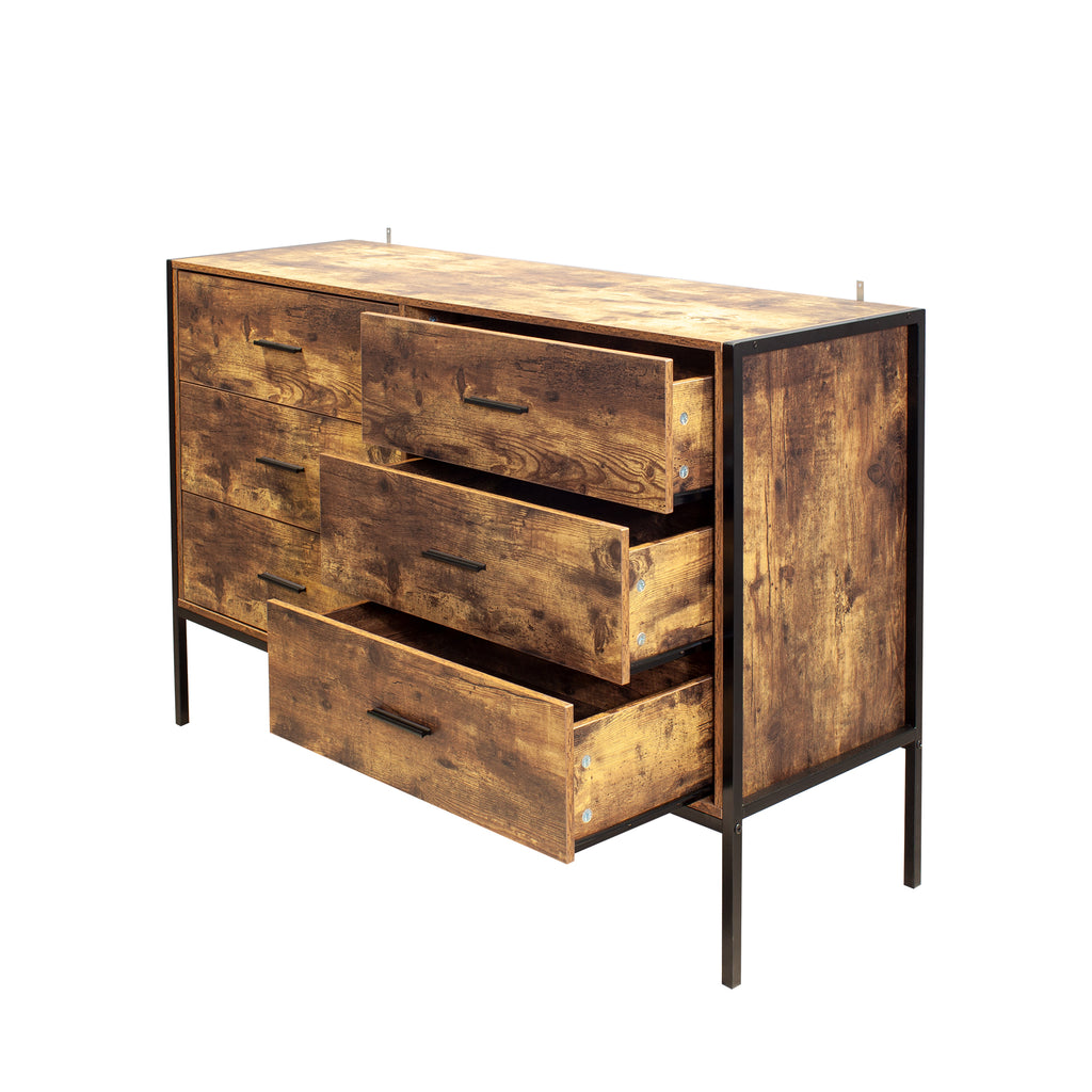 Industrial Style 6 Drawer Double Dresser,Rustic Brown Wood Storage Dresser Clothes Organizer with Sturdy Steel Frame, Chest with 6 Drawer, Storage Cabinet for Bedroom, Living Room - Grand Goldman Shop