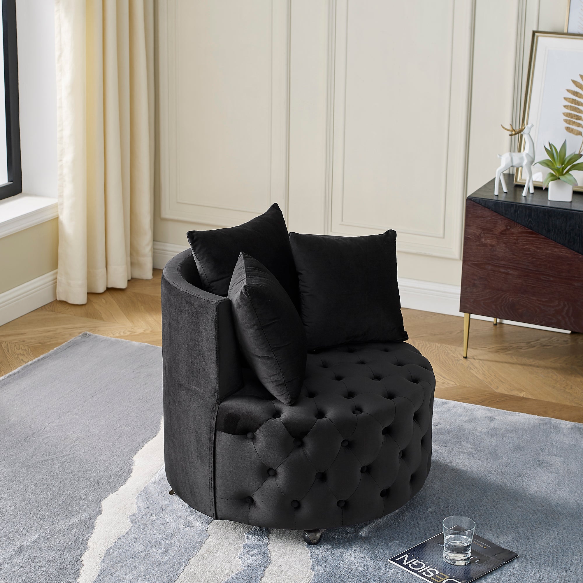 Modern Velvet Upholstered Swivel Chair with Button Tufted Design, Movable Wheels, 3 Pillows, Black - Grand Goldman Shop