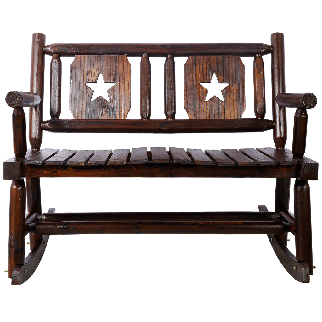 Outdoor Wood Rocking Bench Carbonized Double Rocking Chair for 2 Persons with Wide Curved Seat, Porch Rocker for Porch, Garden, Backyard, Rustic Brown - Grand Goldman Shop