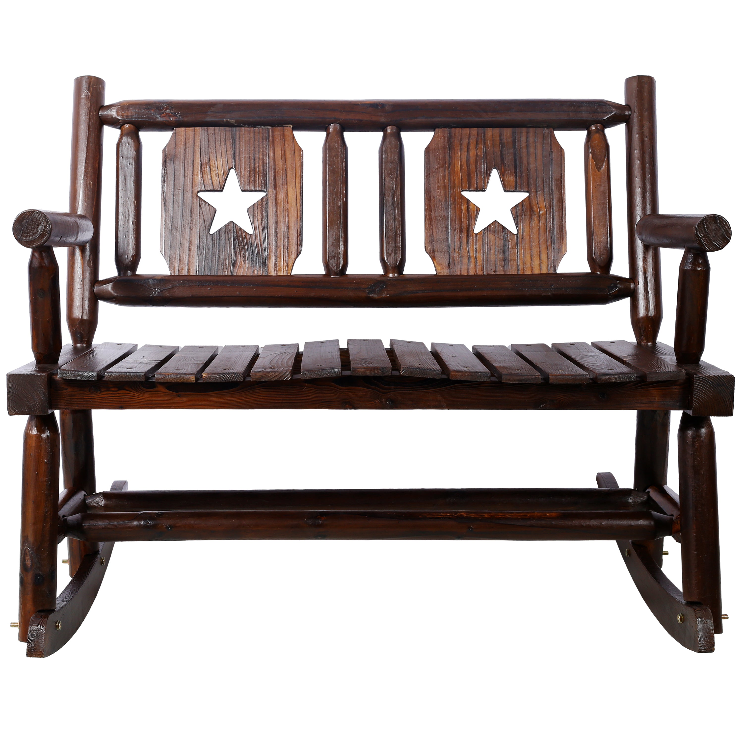 Outdoor Wood Rocking Bench Carbonized Double Rocking Chair for 2 Persons with Wide Curved Seat, Porch Rocker for Porch, Garden, Backyard, Rustic Brown - Grand Goldman Shop