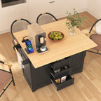 K&K 55.7'' Large Kitchen Island with 2 Drop Leaf,, Rolling Kitchen Cart on 5 Wheels with Power Outlet, Folding Storage Dining Table with Spice & Towel Rack , 3 Drawers, for Kitchen, Dining Room,Black - Grand Goldman Shop