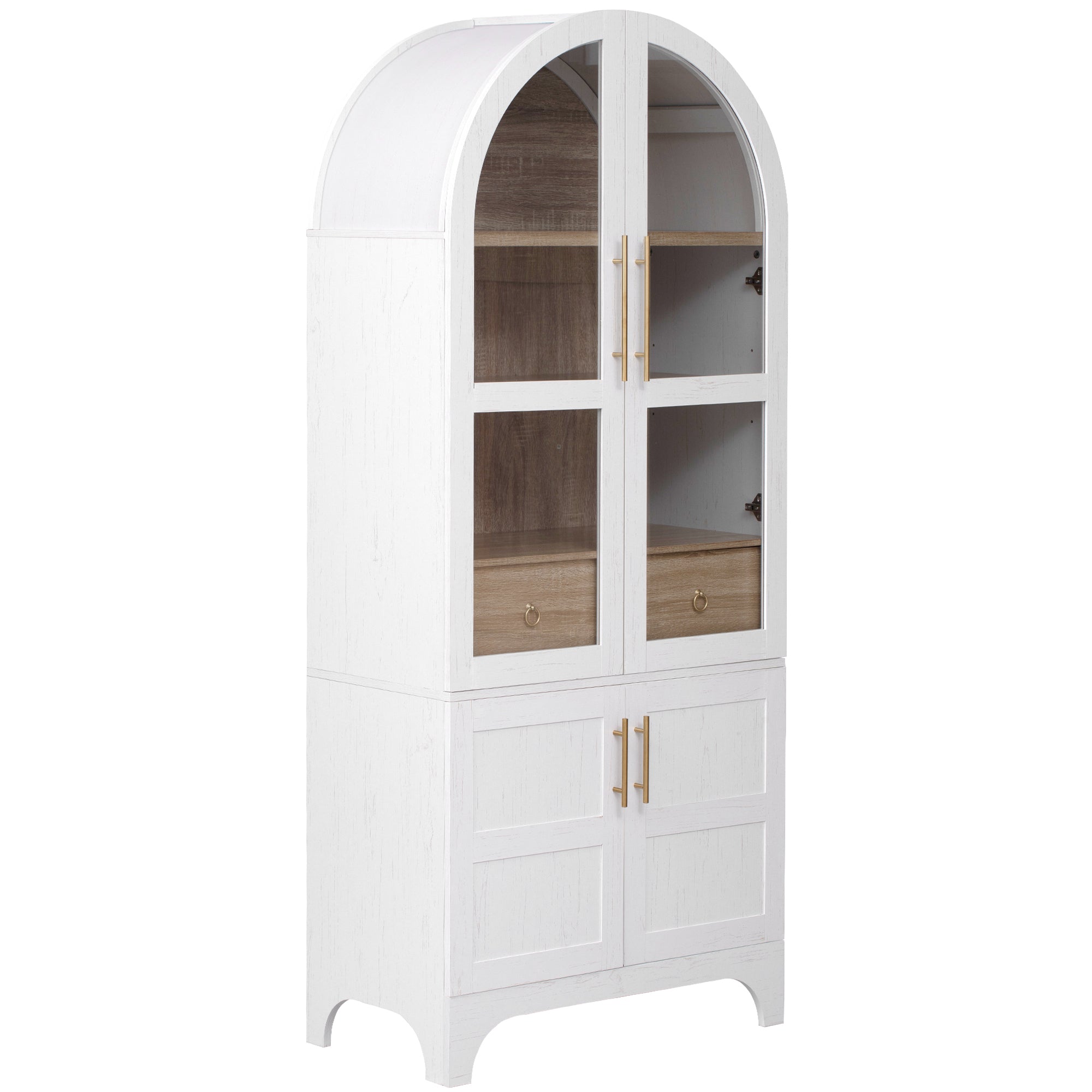 K&K 71' Tall Arched Kitchen Pantry Cabinet with Door Shelves, Farmhouse Kitchen Storage Cabinet with Open & Adjustable Shelves, Hidden Drawer & Glass Door, Cupboard for Kitchen, Dining Room, White - Grand Goldman Shop