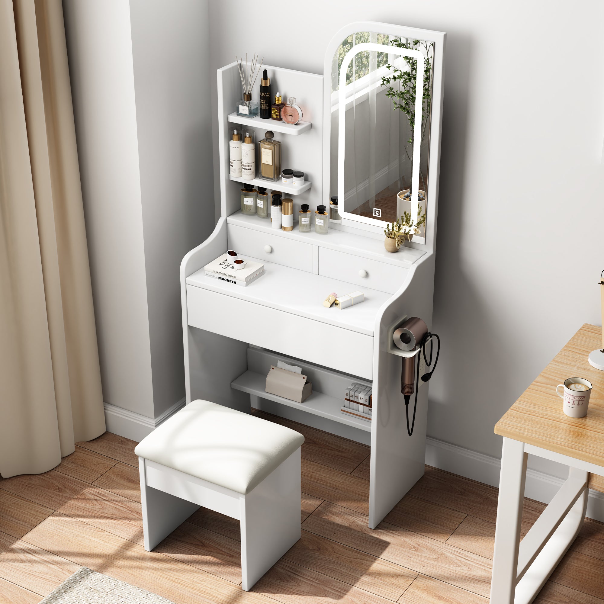 Modern Vanity Desk with Adjustable LED Lights, Mirror, Hair Dryer Holder & Chair in White MDF, 3-Drawer Storage Set - Grand Goldman Shop
