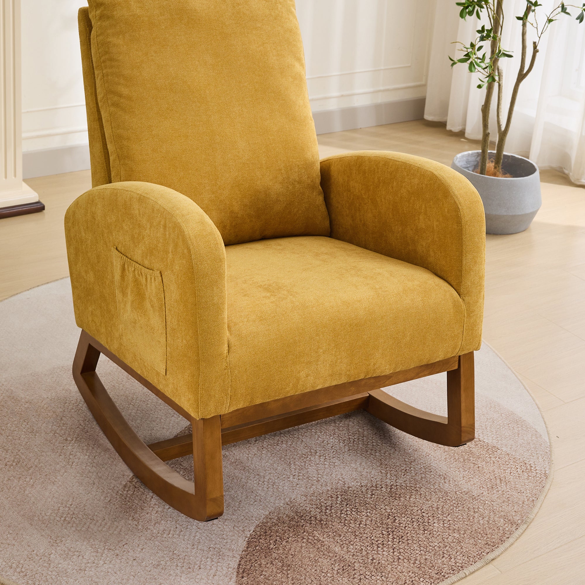 27.2'W Rocking Chair for Nursery, Polyester Glider Chair with High Back and Side Pocket, Rocking Accent Armchair with Rubber Wood Legs for Living Room/Bedroom.Mustard - Grand Goldman Shop