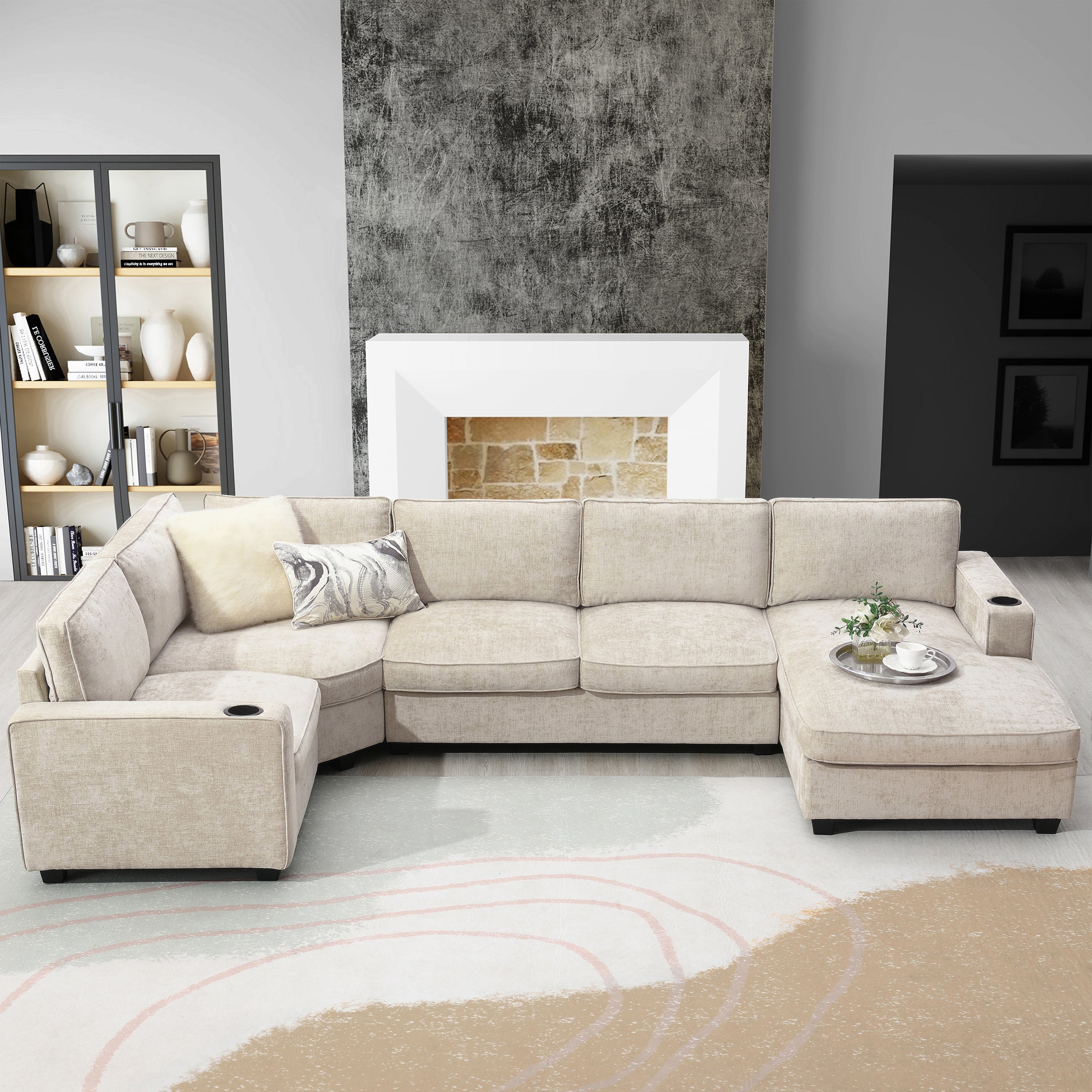 [VIDEO]119' U-Shaped Sectional Sofa, 6 Seat Chenille Corner Couch Set with Cup Holders, Oversized Chaise Lounge, Irregular Corner, Deep and Wide Seat, Comfy Sofa for Living Room&Apartment, 2 Colors - Grand Goldman Shop