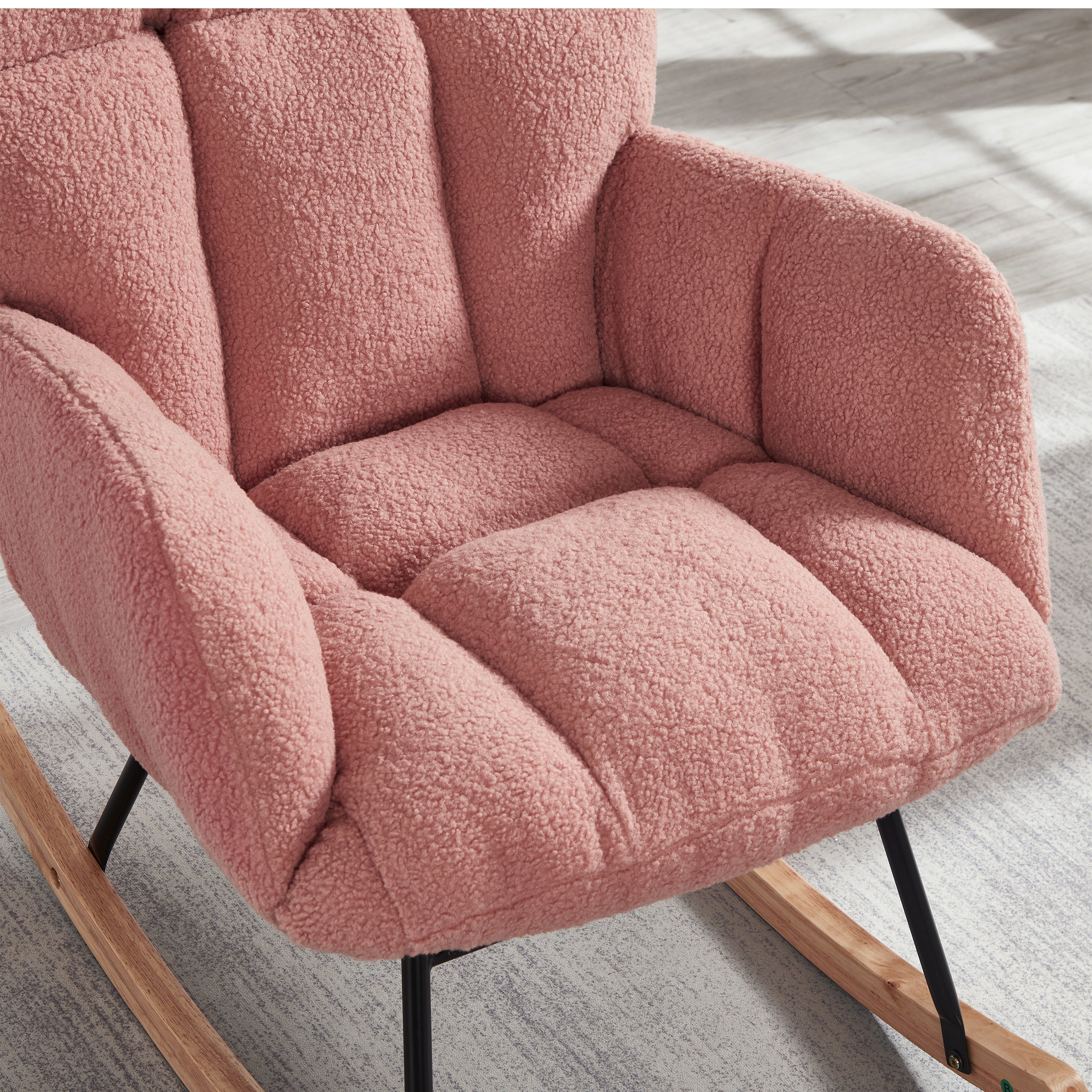 Glider Chair for Living Room Tufted Upholstered Teddy Fabric Rocking Chair with Metal Frame Accent Chair Pink - Grand Goldman Shop