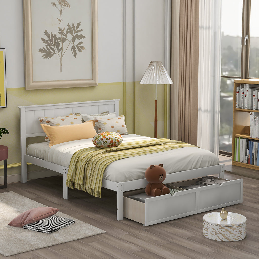 White Full Size Platform Bed with Under-bed Drawers, Solid Pine Wood and MDF, 78.3''L x 58.5''W x 36.2''H - Grand Goldman Shop