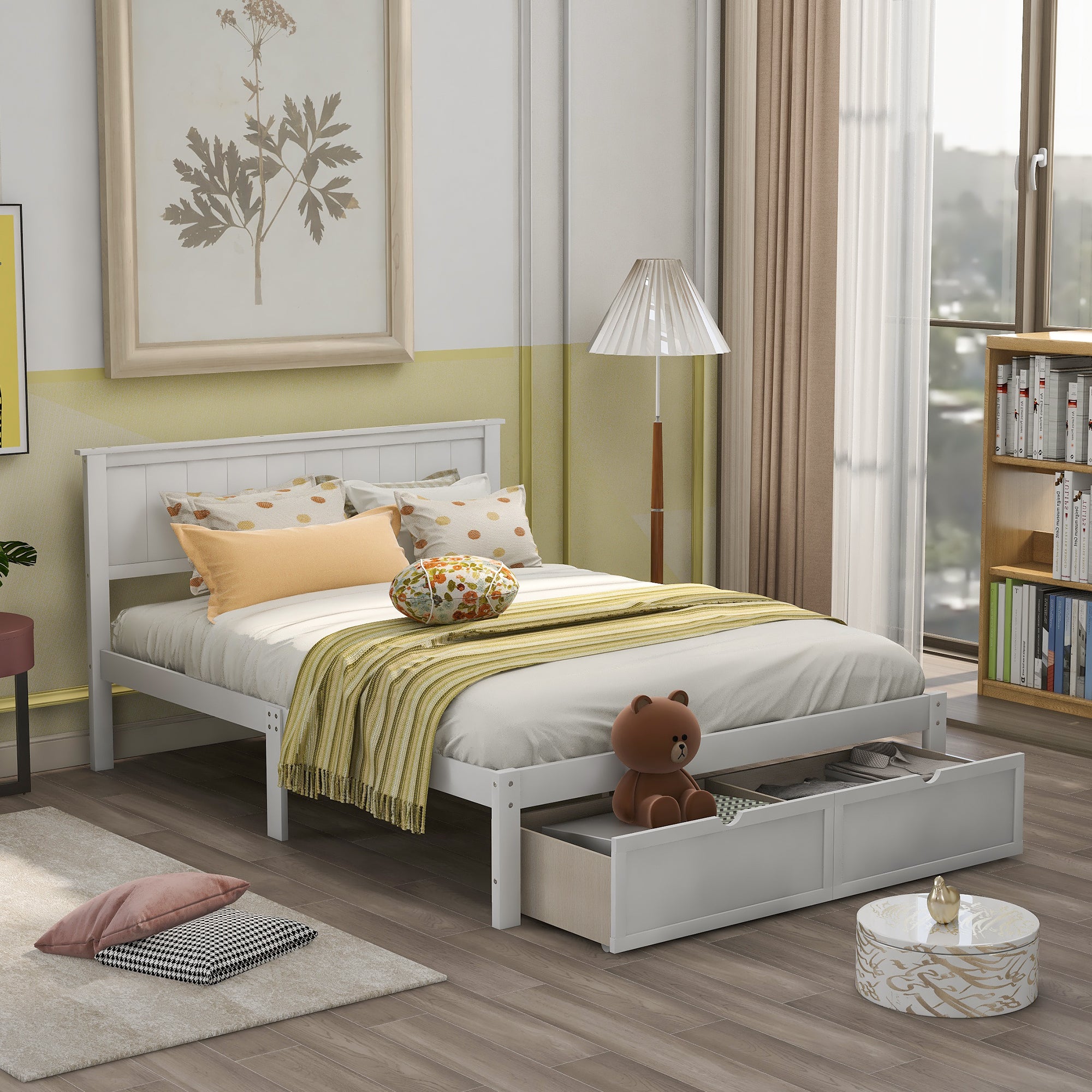 White Full Size Platform Bed with Under-bed Drawers, Solid Pine Wood and MDF, 78.3''L x 58.5''W x 36.2''H - Grand Goldman Shop