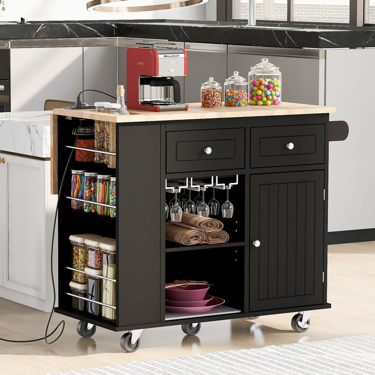 Kitchen Island with Power Outlet,Kitchen Storage Island with Drop Leaf and Rubber Wood,Open Storage and Wine Rack,5 Wheels,with Adjustable Storage for Home, Kitchen, and Dining Room, Black - Grand Goldman Shop