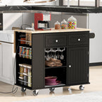Kitchen Island with Power Outlet,Kitchen Storage Island with Drop Leaf and Rubber Wood,Open Storage and Wine Rack,5 Wheels,with Adjustable Storage for Home, Kitchen, and Dining Room, Black - Grand Goldman Shop