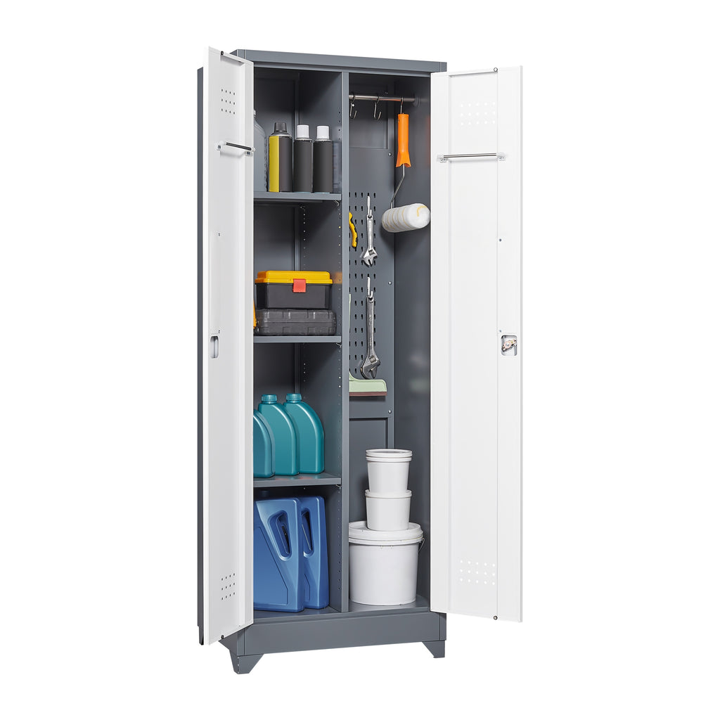 Heavy Duty Grey Metal Storage Cabinet with Locking Doors, Hanging Rod & Shelves, 65' H Broom Closet for Garage or Basement | 