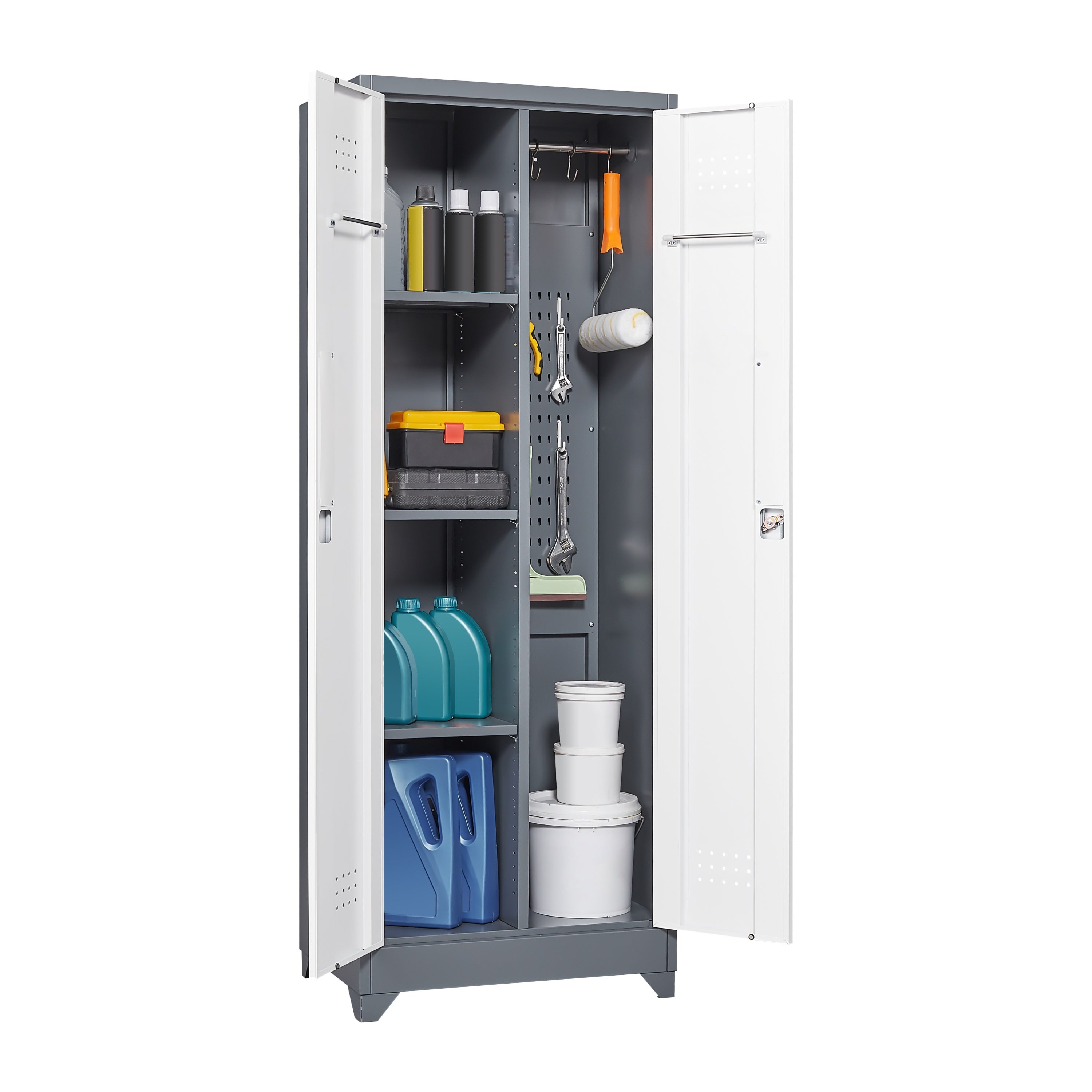 Heavy Duty Grey Metal Storage Cabinet with Locking Doors, Hanging Rod & Shelves, 65' H Broom Closet for Garage or Basement | 