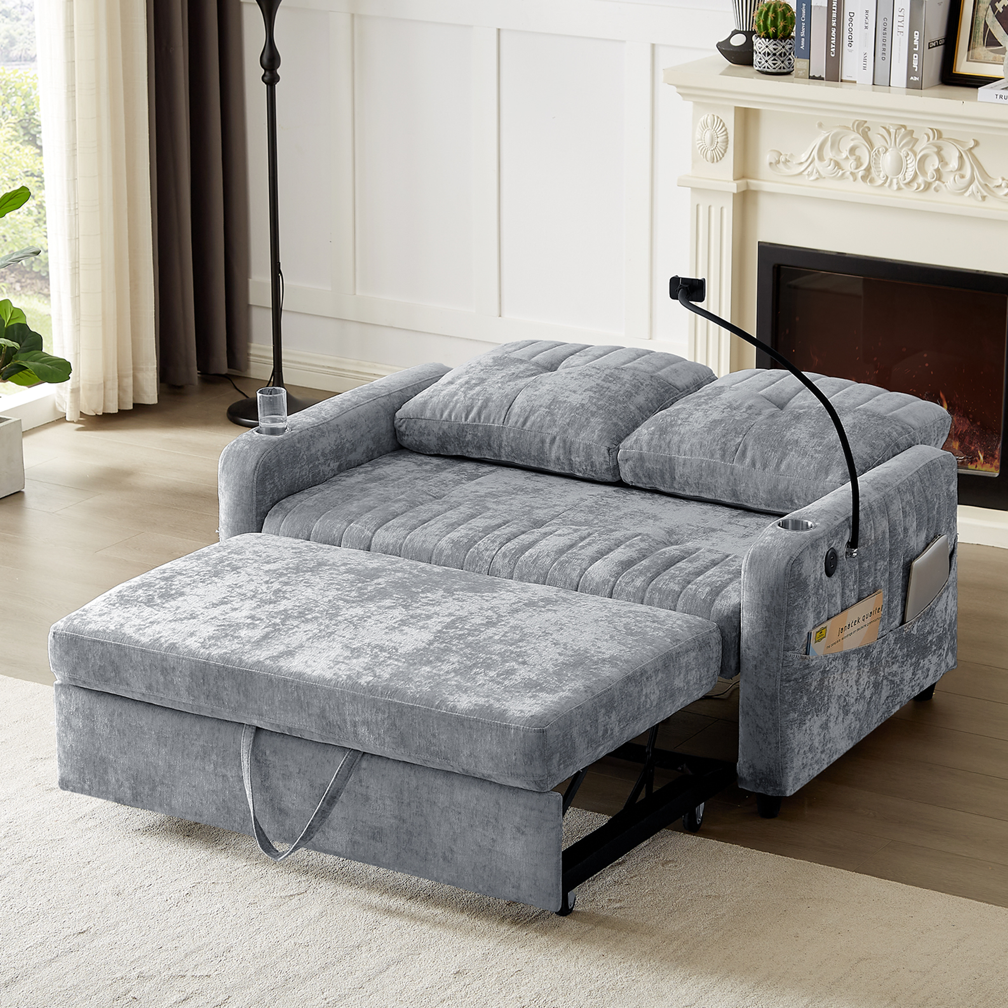 Modern Loveseat Pull-out Sofa Bed with Adjustable Backrest, Cup Holders, Phone Holder, Charging Ports, Side Storage Pockets, Grey Chenille - Grand Goldman Shop