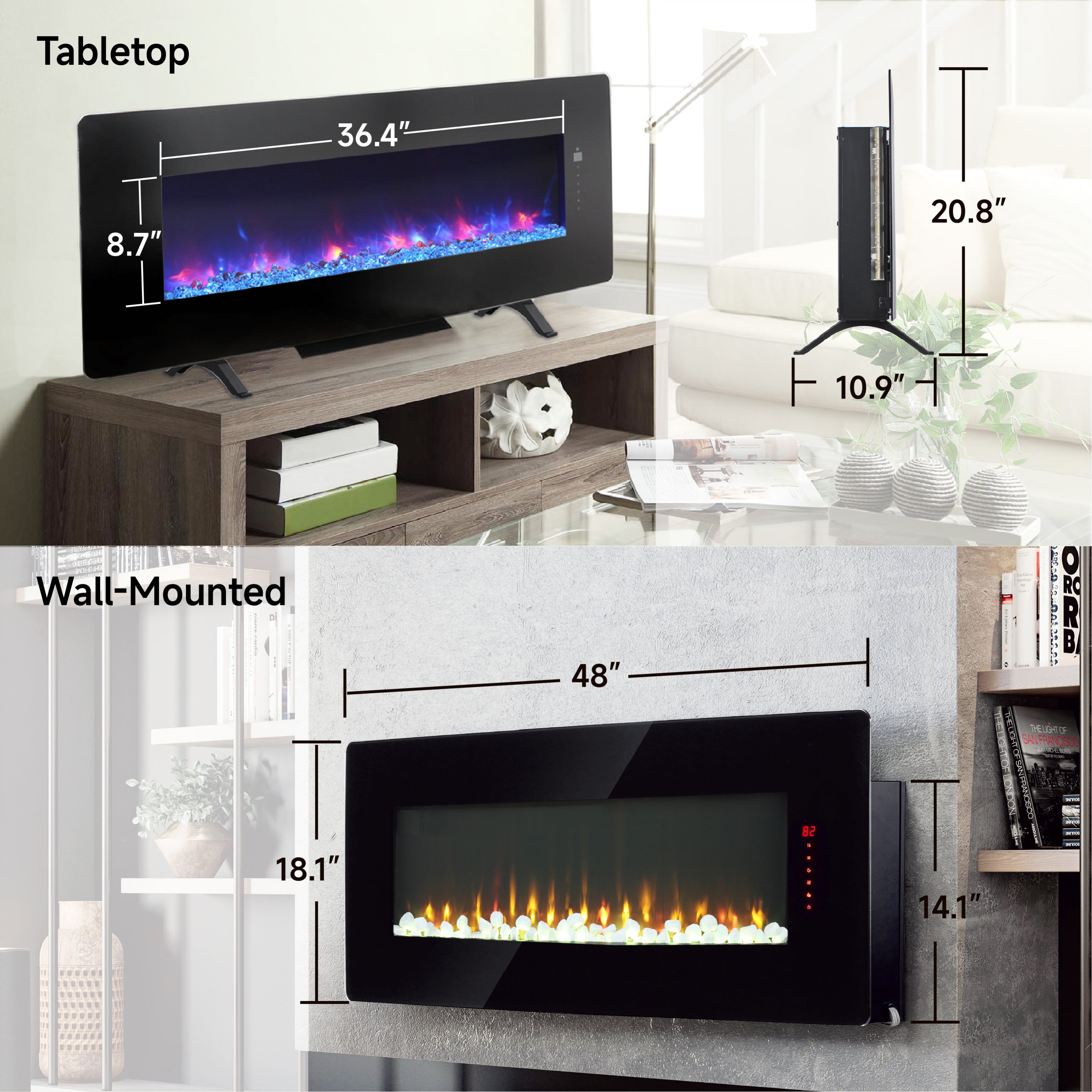 48 inch Curved Front Wall Mounted Electric Fireplace with remote and multi color flame & emberbed - Grand Goldman Shop