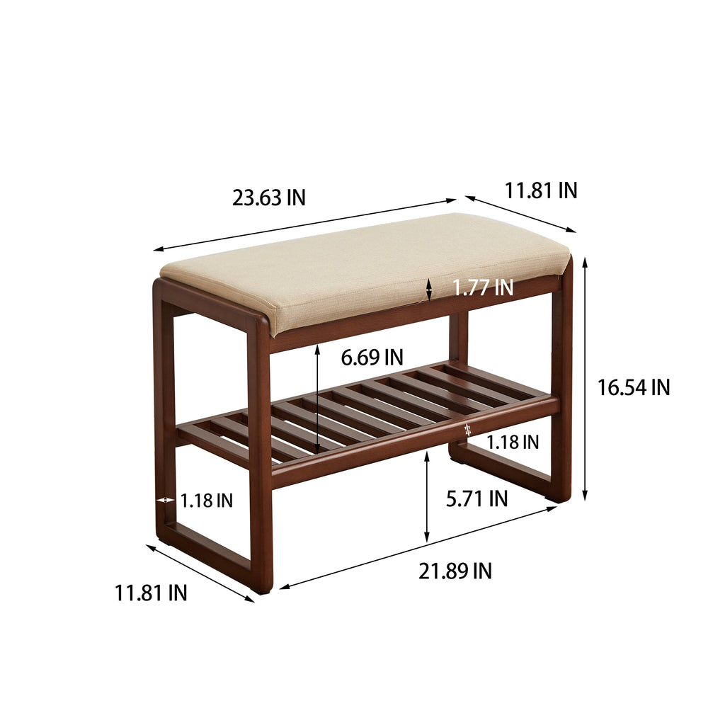 (Walnut Color) Solid Wood Shoe Bench, Beech Wood Storage Rack Organizer with High Rebound Sponge Cushion - Grand Goldman Shop