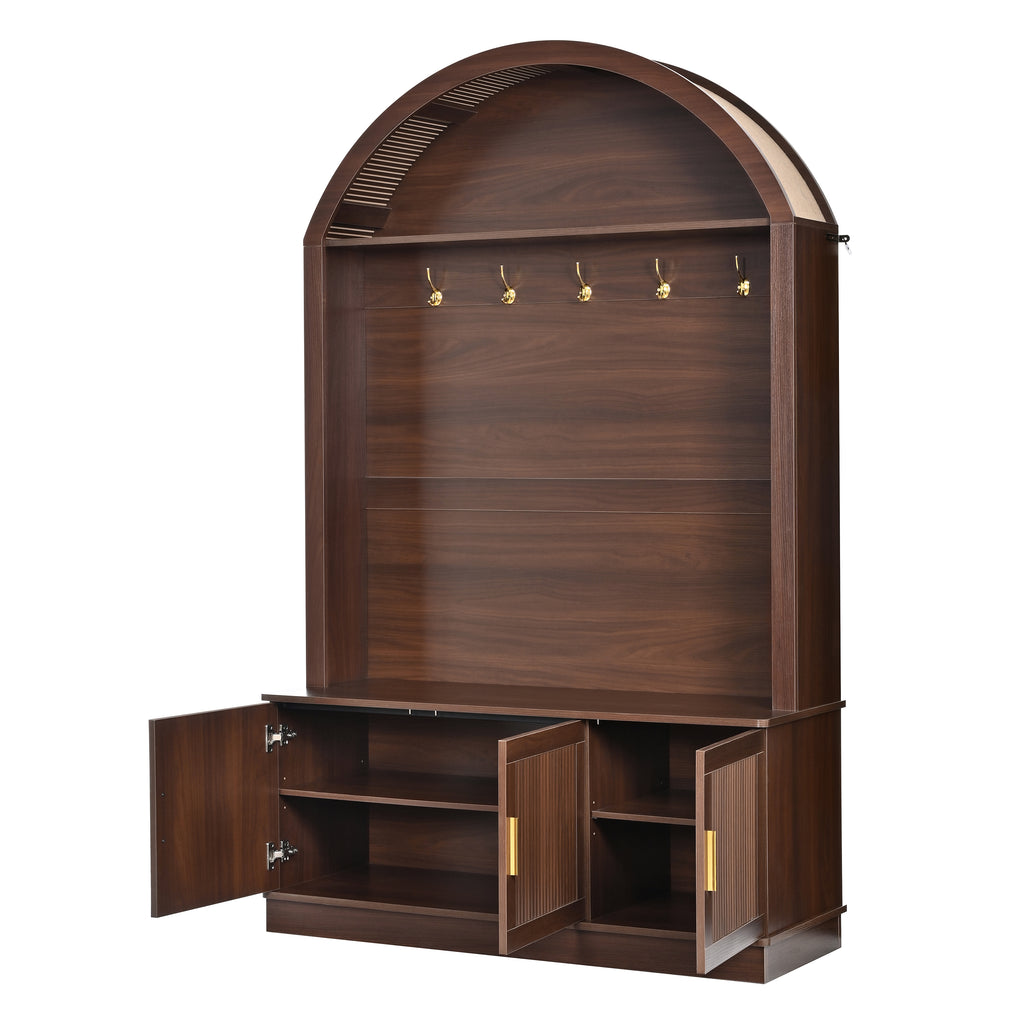 Farmhouse Fabric Arched Top Hall Tree with 5 Metal Hooks, All-in-One Mudroom Furniture with Adjustable Shelves, Mid-Century Fluted Door Entryway Bench with Wood Grain Finish for Hallway, Walnut - Grand Goldman Shop