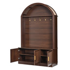 Farmhouse Fabric Arched Top Hall Tree with 5 Metal Hooks, All-in-One Mudroom Furniture with Adjustable Shelves, Mid-Century Fluted Door Entryway Bench with Wood Grain Finish for Hallway, Walnut - Grand Goldman Shop