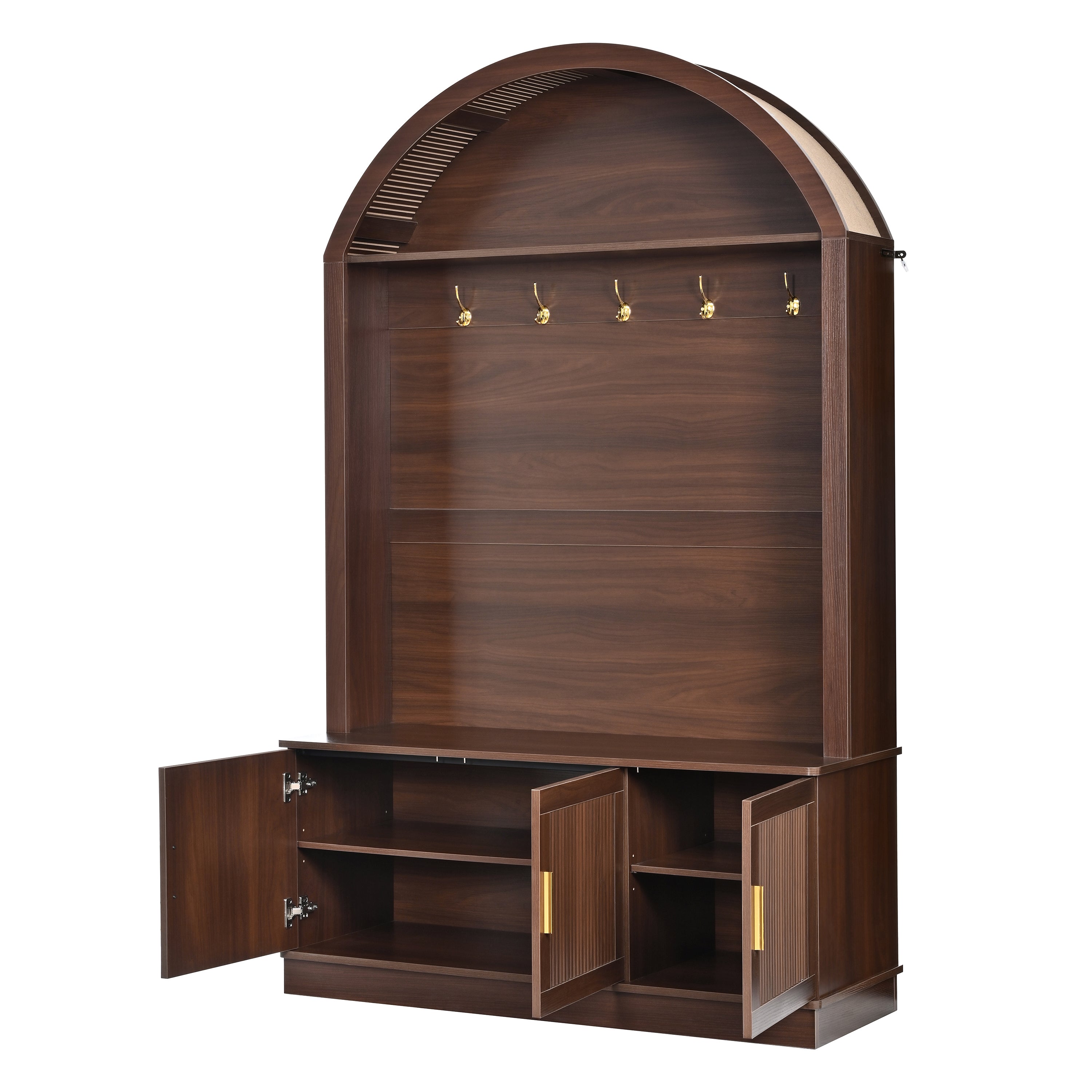 Farmhouse Fabric Arched Top Hall Tree with 5 Metal Hooks, All-in-One Mudroom Furniture with Adjustable Shelves, Mid-Century Fluted Door Entryway Bench with Wood Grain Finish for Hallway, Walnut - Grand Goldman Shop