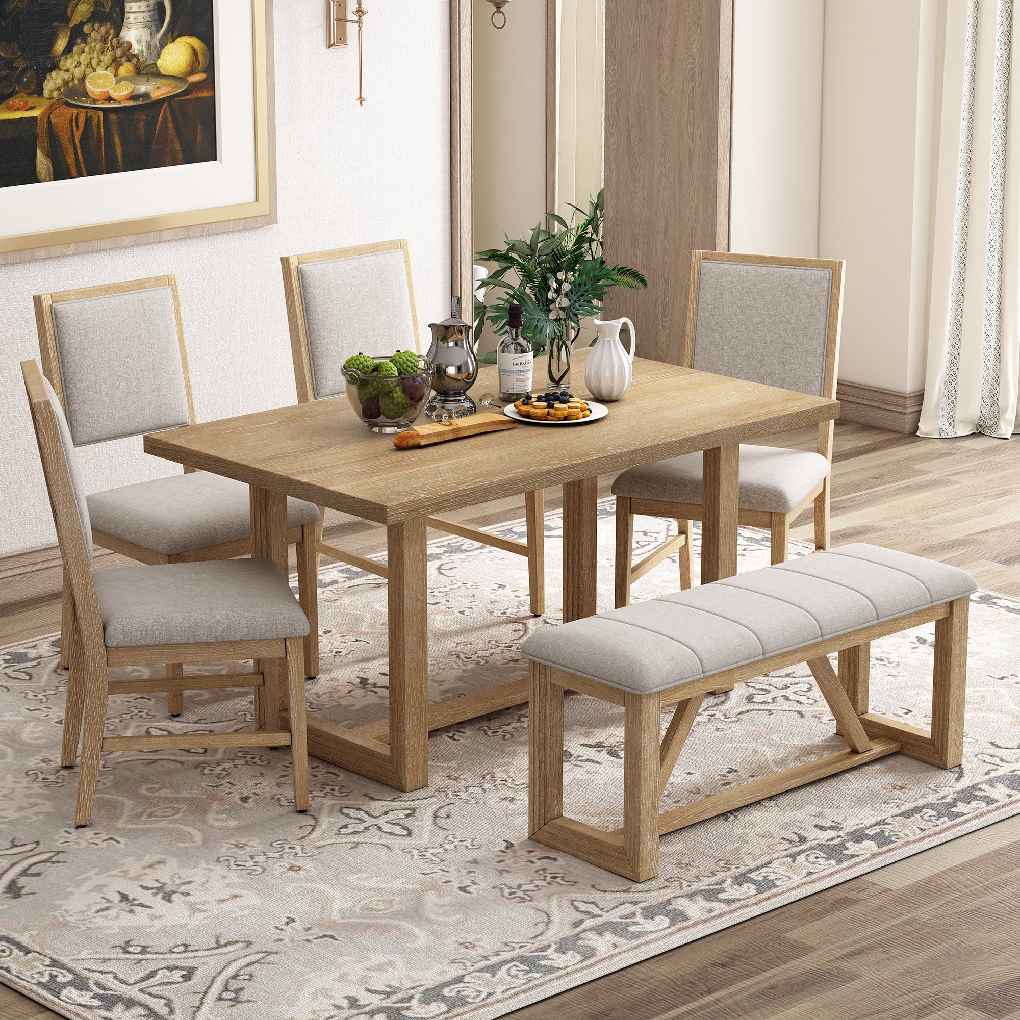 TREXM 6-Piece Retro Dining Table Set for 6, 60' Wood Kitchen Table and Chairs Set of 4 with Bench Designed Trestle Base for kitchen & Dining Room (Natural) - Grand Goldman Shop