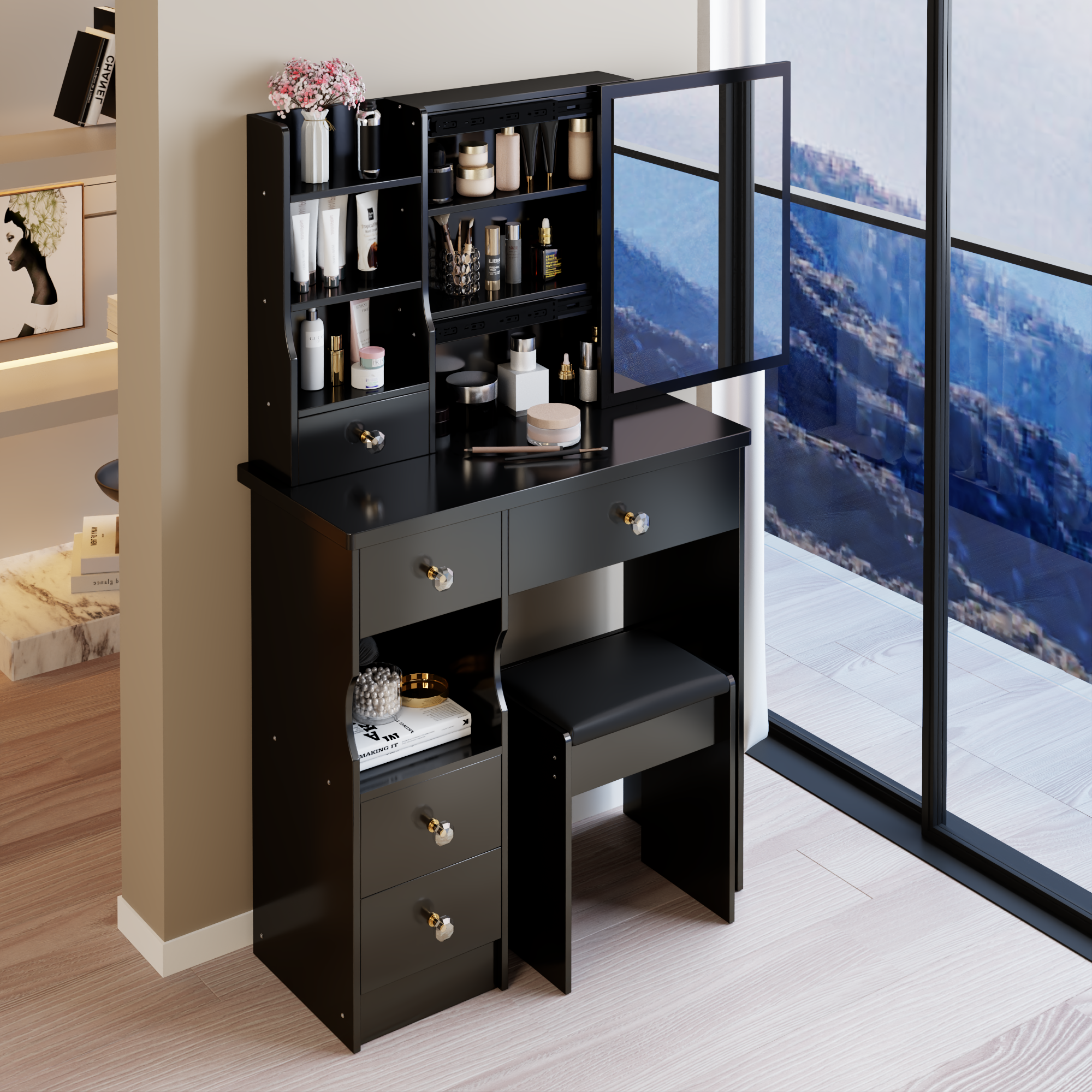 29.2' Small Space Left Drawer Desktop Vanity Table + Cushioned Stool, Extra Large Right sliding mirror, Multi Layer High Capacity Storage, Practical Fashionable Dresser, Suitable For Small Space - Grand Goldman Shop