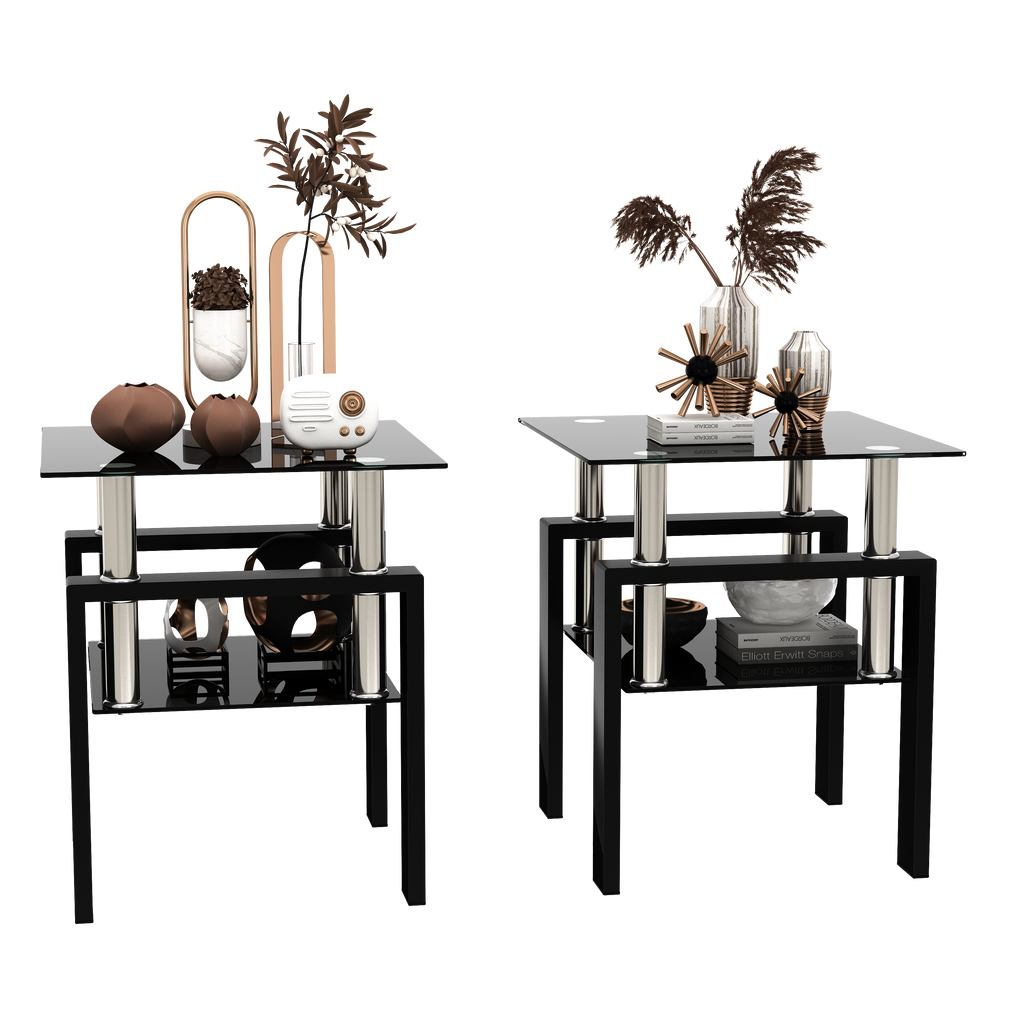 Modern Tempered Glass Tea Table Coffee Table End Table Set in Black with Metal Legs, 17.72 x 17.72 x 20.5 Inches - Grand Goldman Shop