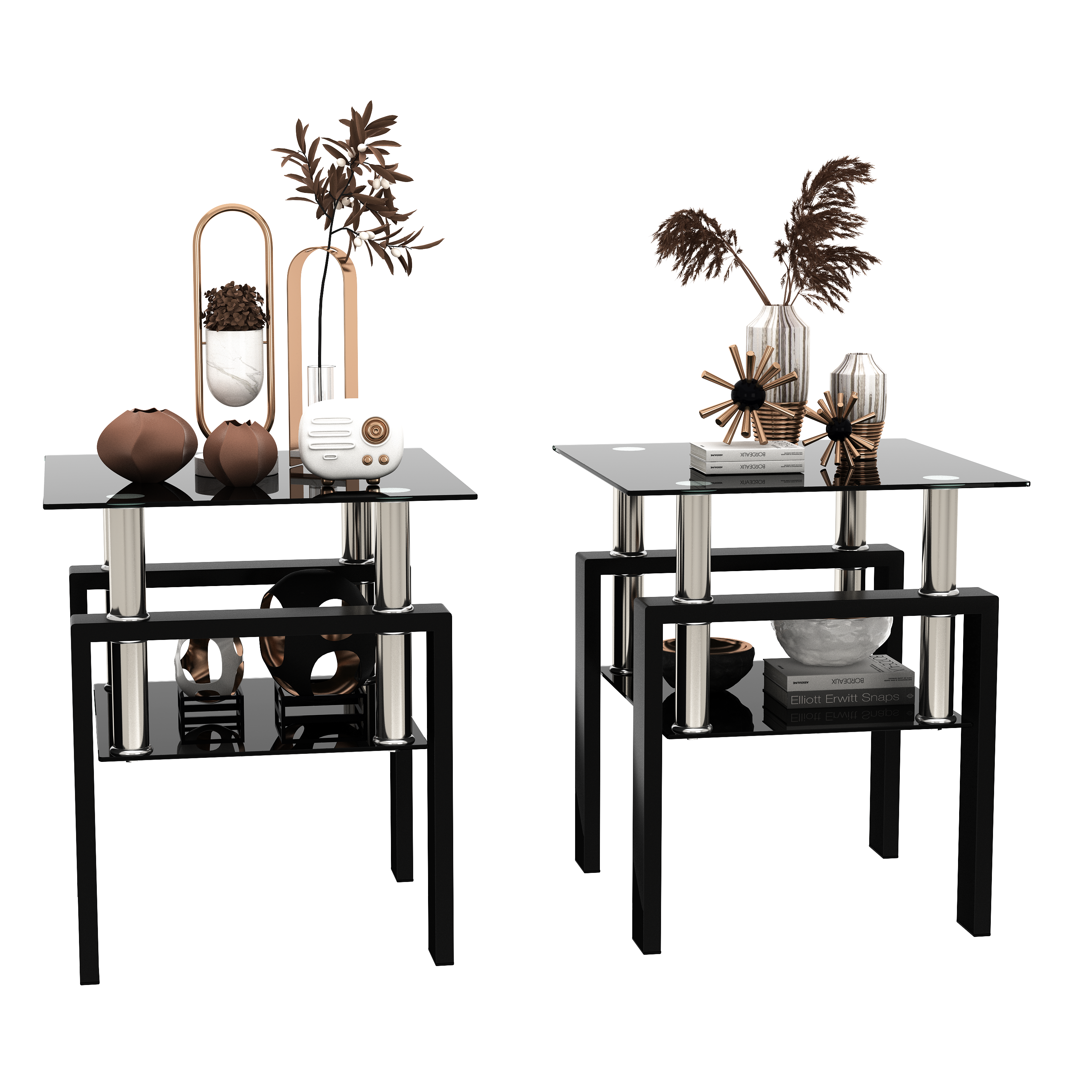 Modern Tempered Glass Tea Table Coffee Table End Table Set in Black with Metal Legs, 17.72 x 17.72 x 20.5 Inches - Grand Goldman Shop