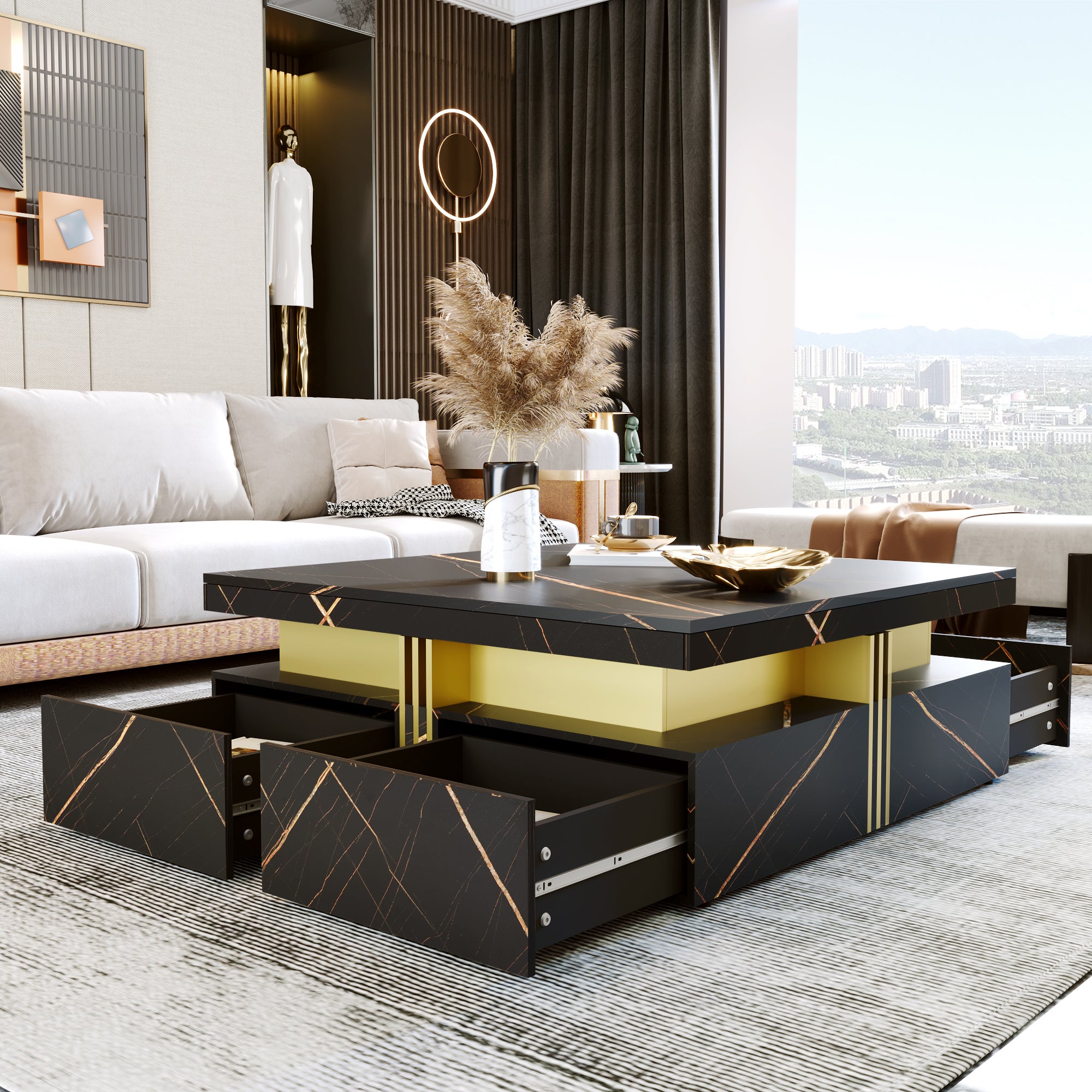 Modern Black Square Storage Coffee Table With 4 Drawers - Grand Goldman Shop