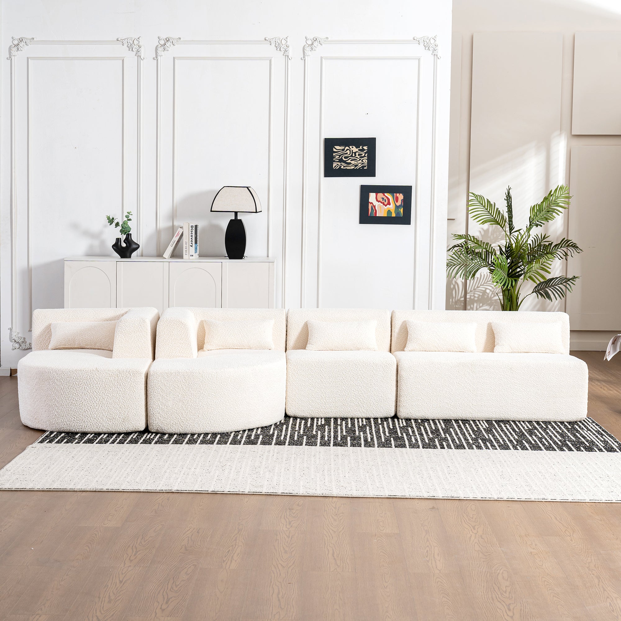 Modern Upholstered L-Shape Sofa with Chaise Lounge and Back Pillows, Beige Boucle Fabric, 144 inches - Grand Goldman Shop