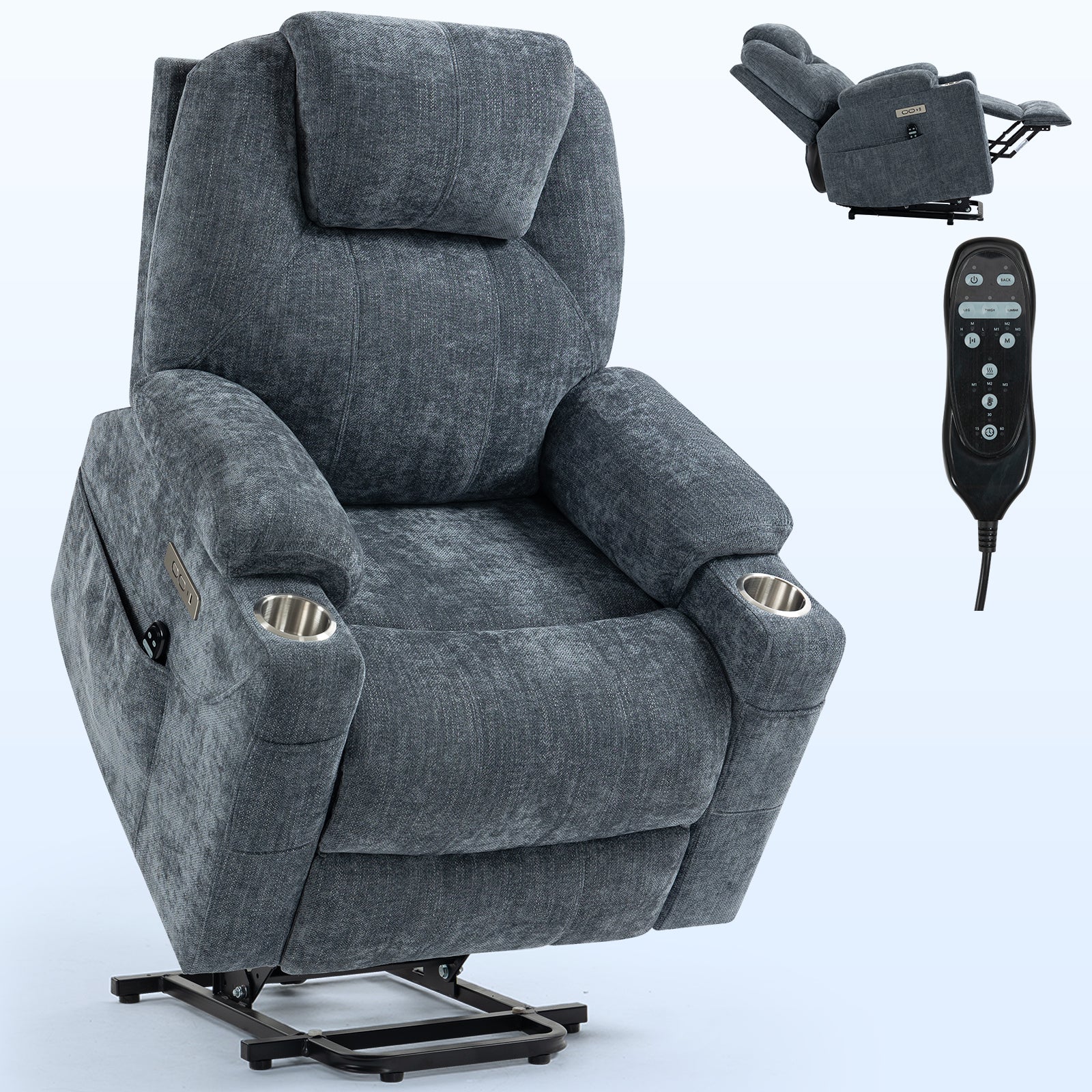 Up to 350 LBS Chenille Power Lift Recliner Chair, Heavy Duty Motion Mechanism with 8-Point Vibration Massage and Lumbar Heating, USB and Type-C Ports, Stainless Steel Cup Holders, Blue - Grand Goldman Shop