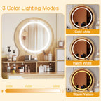 Elegant Makeup Vanity Desk with Adjustable Lighted Mirror, Solid Wood Table Feet, American White Oak, MDF, Compact Size - Grand Goldman Shop