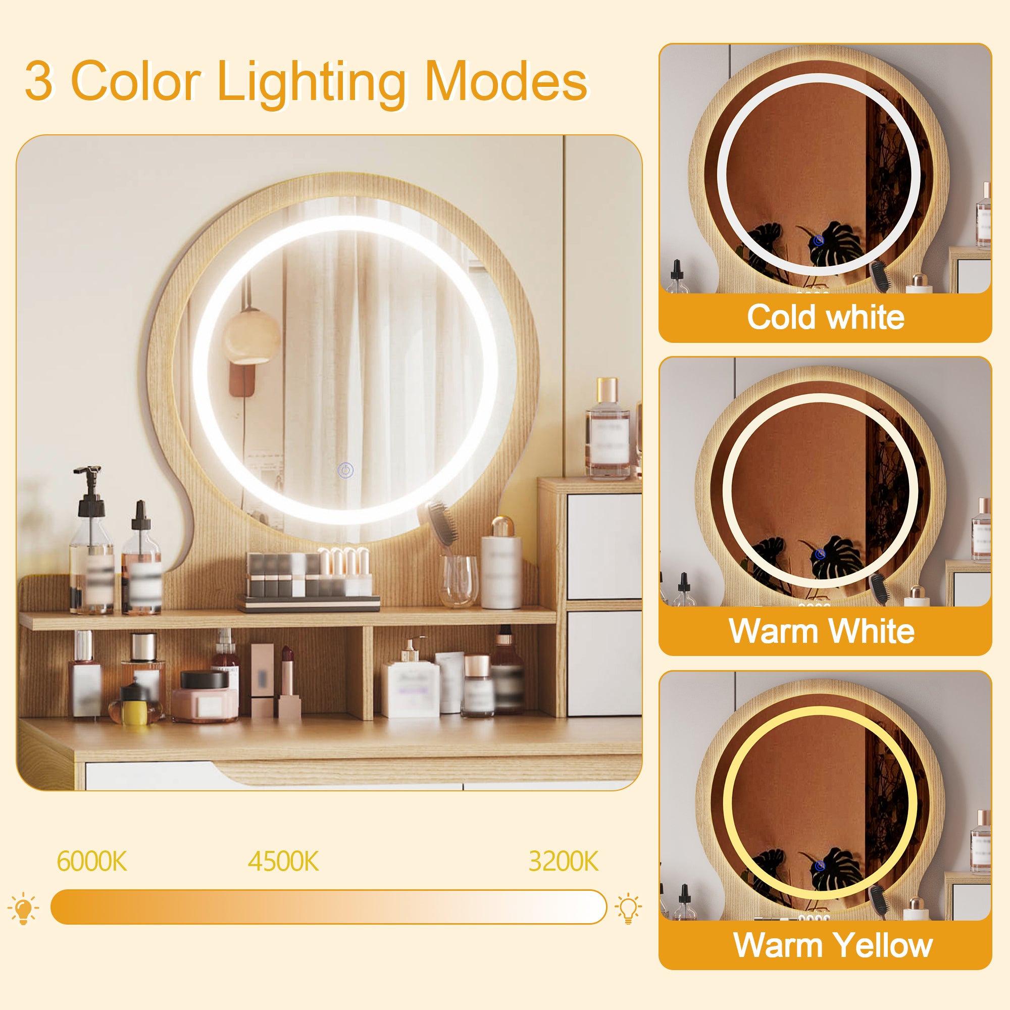 Elegant Makeup Vanity Desk with Adjustable Lighted Mirror, Solid Wood Table Feet, American White Oak, MDF, Compact Size - Grand Goldman Shop