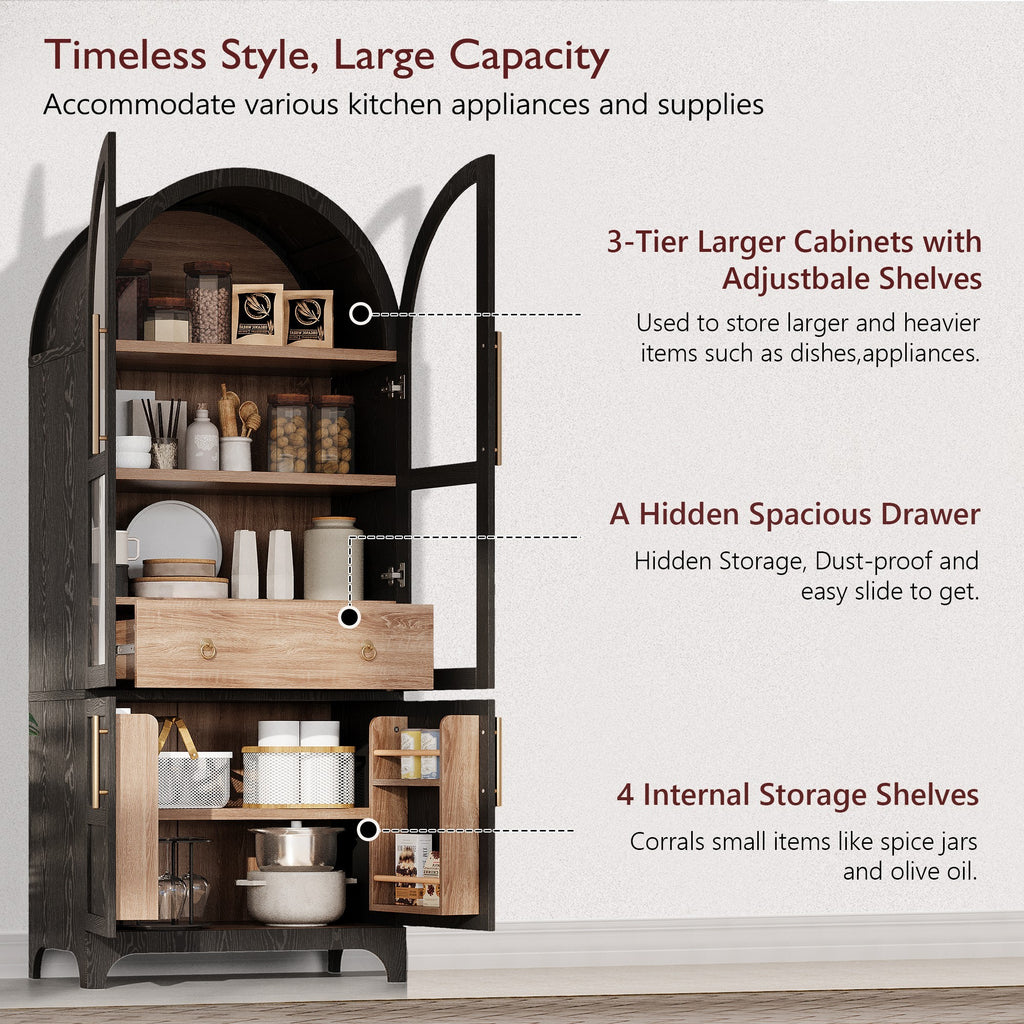 K&K 71' Tall Arched Kitchen Pantry Cabinet with Door Shelves, Farmhouse Kitchen Storage Cabinet with Open & Adjustable Shelves, Hidden Drawer & Glass Door, Cupboard for Kitchen, Dining Room, Black - Grand Goldman Shop