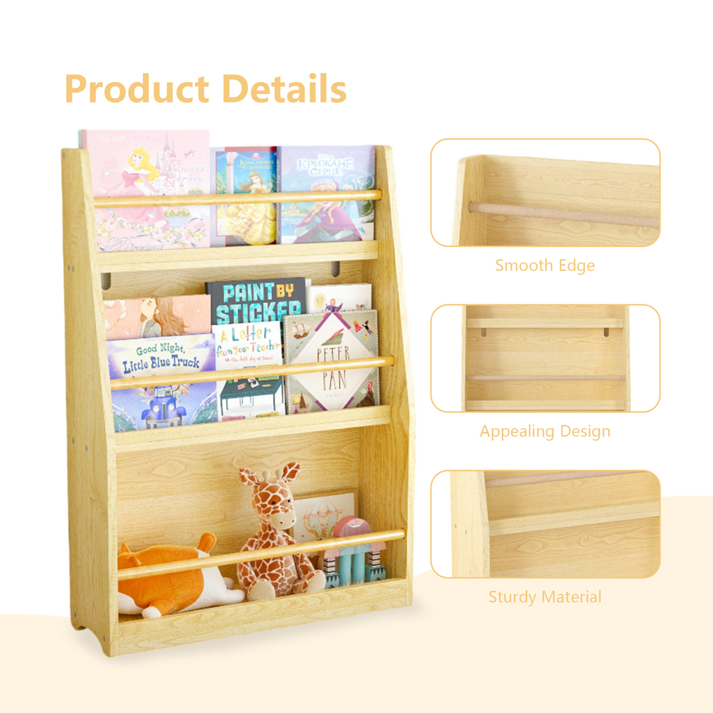 3 Tier Kids Book Shelf, Natural Finish MDF & Pine Wood Storage Rack for Playrooms, Bedrooms, and Classrooms - Grand Goldman
