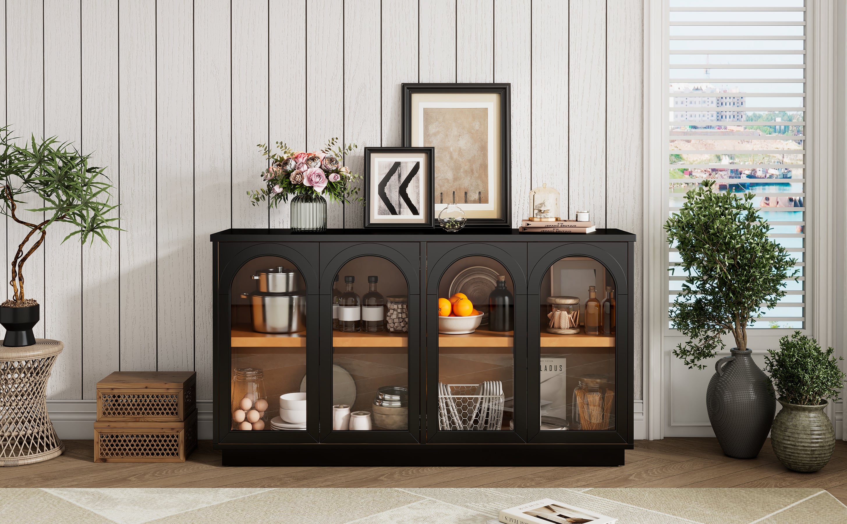 TREXM 4-Door Large Storage Buffet Cabinet with Glass Doors, Arched Cabinet with Adjustable Shelves for Kitchen, Dining Room and Living Room (Black) - Grand Goldman Shop