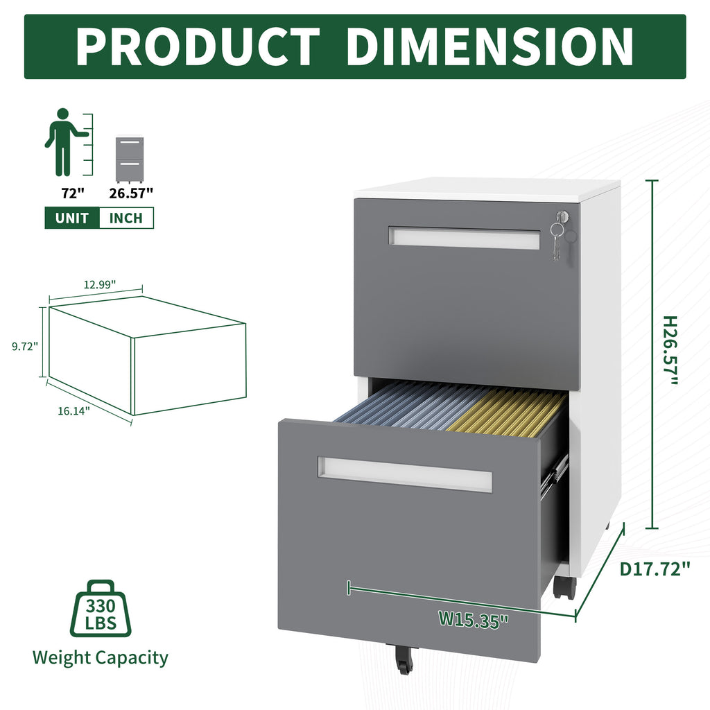 2-Drawer Mobile File Cabinet with Lock, All-Steel Metal Storage Cabinet on 360° Wheels, White Finish, Holds A4/Letter/Legal F